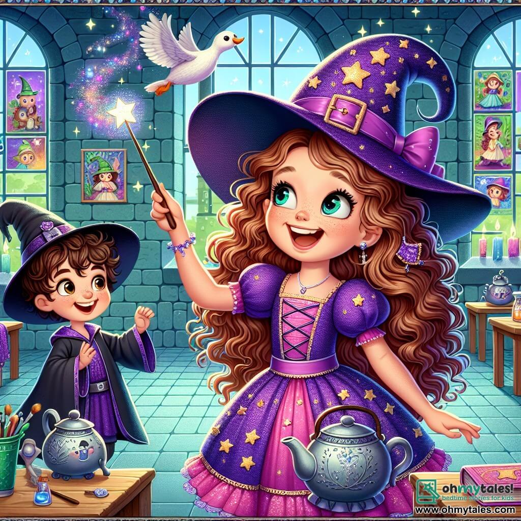 A young apprentice witch, Flora, aged four, with long curly hair and a purple dress adorned with shining stars, is laughing joyfully as she points her magic wand at a dancing teapot. Her face is lit up with a big happy smile, her eyes sparkling with mischief. Next to her, her friend Toby, a four-year-old boy wearing a large black wizard hat, looks on in wonder with wide, bright eyes. He holds a goose feather that flies around him, adding a touch of magic to the scene. Their environment is a large classroom in a stone castle, with walls decorated with colorful paintings of magical creatures. Spell books are scattered on wooden tables, and sparkling stars float in the air. The main scene shows Flora casting a fun spell, causing the teapot to dance joyfully, while a broomstick rises into the air, and a small frog, Mr. Ribbit, hops energetically, creating a magical and joyful party atmosphere.