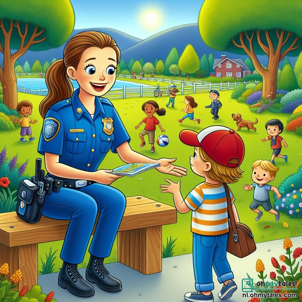 In het midden van de afbeelding staat Agent Lotte, een glimlachende vrouwelijke politieagent met bruin haar in een paardenstaart. Ze draagt een helderblauw uniform met een mooie badge die in de zon glinstert. Haar gezicht straalt vreugde en vastberadenheid uit terwijl ze een jongetje helpt zijn weg te vinden. Naast haar kijkt een jongen van ongeveer 8 jaar, met een rode pet en een gestreept T-shirt, bewonderend naar Lotte. Hij houdt een papieren kaart in zijn handen, wat aangeeft dat hij een beetje verdwaald is maar opgelucht is dat hij hulp heeft gevonden. Op de achtergrond strekt zich een groene park uit, vol majestueuze bomen, kleurrijke bloemen en het gelach van kinderen die met een bal spelen. Houten banken zijn verspreid en een kleine hond speelt vrolijk in het gras. De hoofdscène toont Lotte terwijl ze de jongen uitlegt hoe hij de kaart kan gebruiken om zijn huis te vinden, terwijl ze hem advies geeft over veiligheid. De scène straalt een warme en vriendelijke sfeer uit, die het belang van samenwerking en veiligheid in de gemeenschap illustreert.