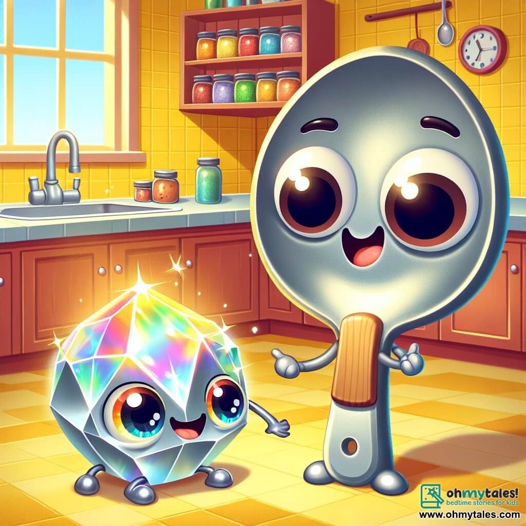 Benny, a small metal spoon with big round eyes and a bright smile, is at the center of the image, holding a sparkling rock that shines in all the colors of the rainbow. He looks joyful and curious, his little metal legs slightly raised as if ready to dance. Next to him, Sally, a wooden spatula with a smiling face and sparkling eyes, gazes at the rock in wonder. She is excited, her rounded edges curving into a big smile, and she points at the rock with her spatula. In the background, the kitchen is filled with bright colors: yellow tiled walls, a large stainless steel sink, and shelves loaded with colorful spice jars. Sunlight filters through a window, creating golden reflections on the surfaces. The main scene shows Benny and Sally discovering the magical rock, surrounded by sparkling treasures in a small secret door behind the spice rack, with a palpable atmosphere of adventure and magic in the air.
