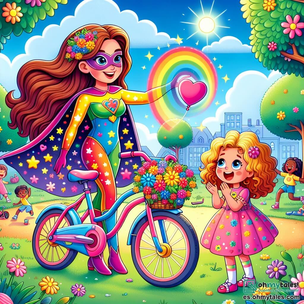 Marina, una mujer de cabello largo y ondulado color castaño, lleva un traje de superheroína colorido con motivos de flores. Son rostro refleja alegría y entusiasmo mientras toca una vieja bicicleta que se transforma en una brillante bicicleta arcoíris. A su lado, una niña de unos 8 años, con cabello rubio y rizado, observa asombrada. Ella lleva un vestido rosa con estrellas y sostiene un globo en forma de corazón, fascinada por la magia que ocurre ante ella. Al fondo, un parque soleado está lleno de árboles de hojas verdes brillantes y flores multicolores. Niños juegan y ríen bajo un cielo azul claro con algunas nubes blancas. La escena principal muestra a Marina transformando la bicicleta en una hermosa bicicleta colorida, mientras la niña aplaude asombrada, rodeada de la atmósfera alegre del parque.