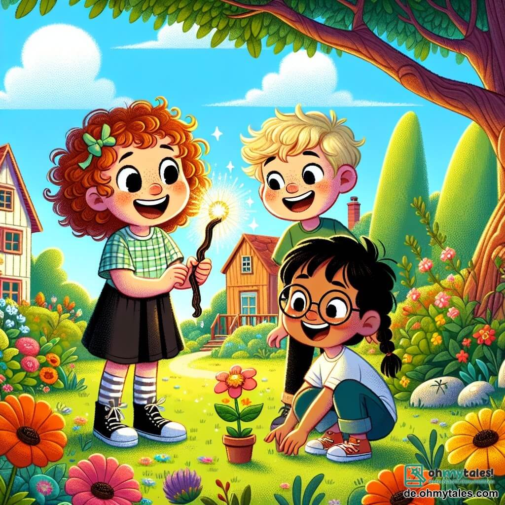 In einem sonnigen Garten stehen drei Freunde zusammen. Emma, ein 7-jähriges Mädchen mit lockigem Haar und einem großen Lächeln, hält einen alten, funkelnden Stock in ihren Händen. Neben ihr lacht Tim, ein 6-jähriger Junge mit blonden Haaren und funkelnden Augen, während er den Stock ansieht. Mia, ein 7-jähriges Mädchen mit Zöpfen und runden Brillen, hockt und untersucht eine kleine, bunte Blume am Boden. Der Garten ist voller leuchtender Blumen in kräftigen Farben, großer Bäume mit grünen Blättern und einem hellblauen Himmel, der mit flauschigen Wolken gesprenkelt ist. Im Hintergrund sieht man ein kleines Holzhaus mit einem rauchenden Schornstein. Die Freunde haben gerade einen alten, magischen Stock entdeckt, der leuchtet, und sie stehen kurz davor, ein unglaubliches Abenteuer zu erleben. Der Stock funkelt und ist bereit, sie in eine fantastische Welt zu entführen, während eine leichte Brise die Blumen um sie herum tanzen lässt.