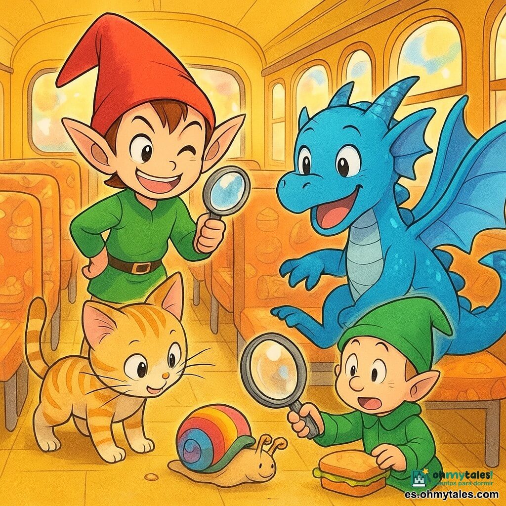Triki, el pequeño duende de orejas grandes y gorro rojo puntiagudo, con mirada traviesa y sonrisa, sostiene una lupa diminuta y está sobre el respaldo de un asiento; Pipo, el dragón infantil de escamas azules brillantes y grandes alas, ocupa dos asientos, ríe y agita la cola, moviendo las cortinas; Lulu, la gatita de bigotes largos y pelaje crema y naranja, olfatea una miga bajo un asiento a la izquierda; Firu, el duende de gorro verde y nariz redonda, sorprendido y sentado frente a Triki, señala con una lupa grande; Roco, el caracol con concha arcoíris, rueda feliz por el suelo del autobús mostrando un sándwich medio oculto bajo su caparazón; el interior del autobús escolar amarillo es luminoso y colorido, con asientos suaves de motivos de pasteles, ventanas redondeadas y luz dorada, mientras los amigos investigan riendo el sándwich desaparecido en una escena animada y cómica de colores vivos y expresiones claras.
