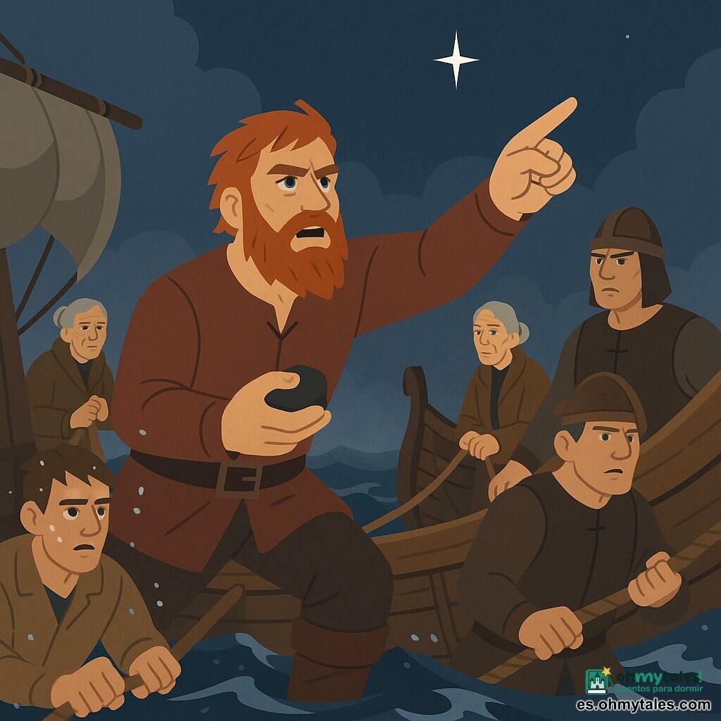 Un hombre llamado Einar, rostro curtido, barba pelirroja espesa, ojos azul gris concentrados, tenso en el bauprés con una piedra negra en la mano izquierda y señalando con la derecha hacia una estrella en la niebla; una anciana, Sigrid, de unos 70 años, arrugas profundas y moño gris, con abrigo de lana marrón, al fondo en la cubierta con las manos en una cuerda, mirada inquieta pero confiada; el jefe, hombre de unos 50 años, hombros anchos y casco de cuero, serio junto a la popa dando órdenes; dos jóvenes marineros (18 y 20 años) tirando de cabos, rostros tensos y salpicados por el mar; escena en alta mar de noche, barco vikingo de madera con remos y velas medio recogidas, niebla densa, olas oscuras con crestas blancas y un cielo azul profundo con una única estrella visible; situación: noche de tormenta moderada, Einar en lo alto del mástil guiando la maniobra por la estrella; composición dinámica, contrastes marcados, colores planos y líneas claras, ambiente dramático pero tranquilizador, estilo infantil y legible.