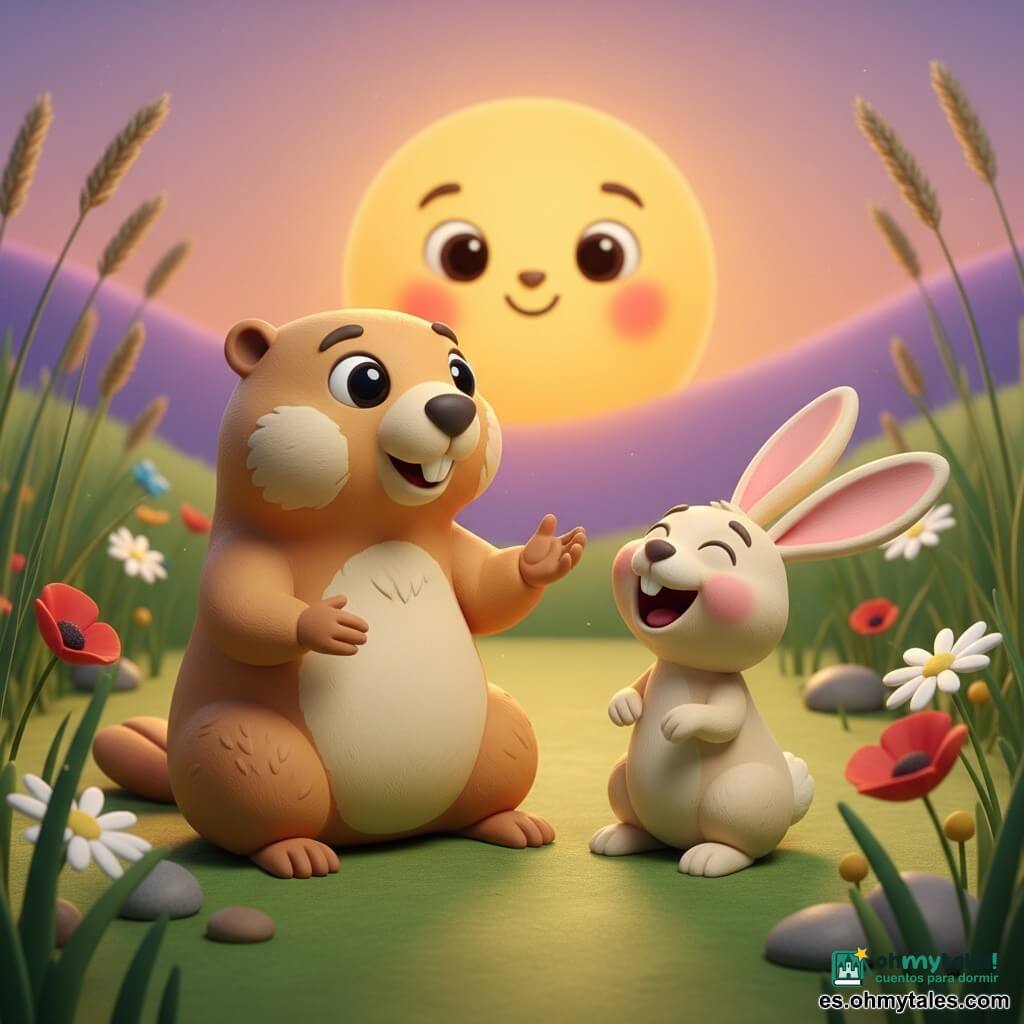 Una marmota redonda y suave de pelaje marrón claro con manchas crema, ojos negros brillantes, sonriente y curiosa, sentada en sus patas traseras contando una historia; un conejo llamado Ramón, pelaje crema, largas orejas rosadas, riendo con la boca abierta y mirando a la marmota con admiración; sol bajo y naranja en el cielo con ojos grandes y mejillas rosadas, horizonte tornándose violeta; pradera verde con hierba alta y flores (margaritas blancas, amapolas rojas), algunas piedras y un pequeño montículo donde están los animales; ambiente cálido y suave con colores pastel saturados, luz dorada del atardecer, sombras largas; composición centrada, primeros planos, estilo de juguete de plastilina con texturas de modelado visibles.