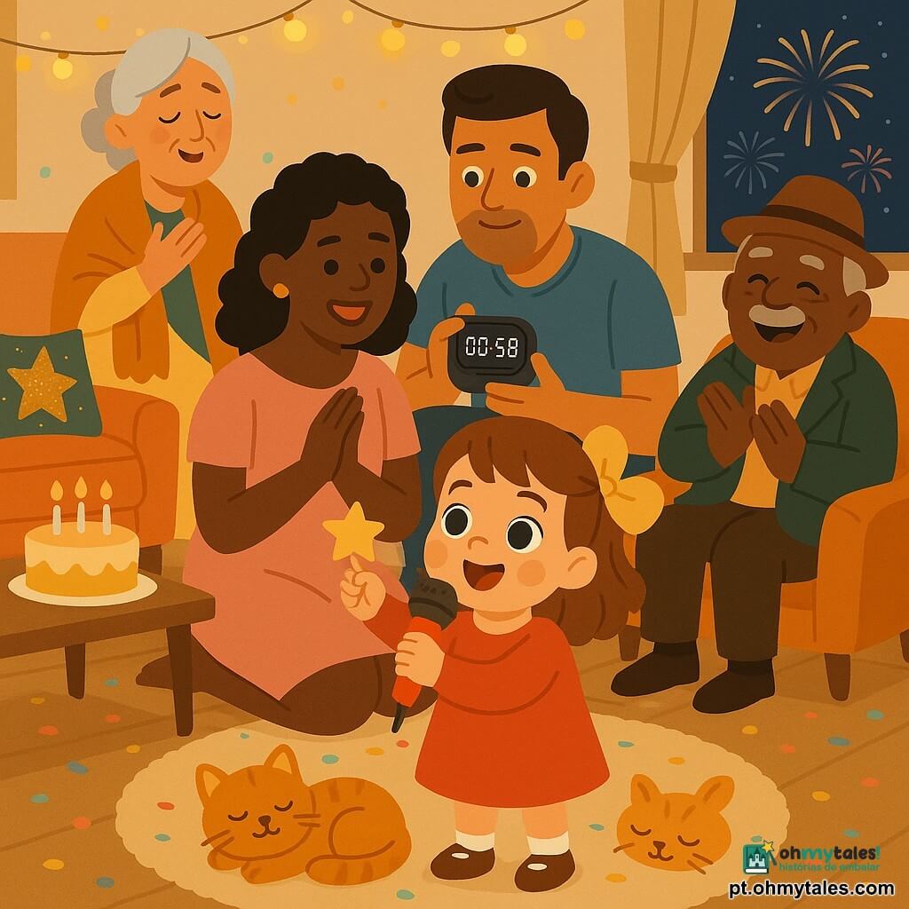 Menina de 4 anos, alegre e maravilhada, cabelo castanho com grande laço dourado, bochechas arredondadas, olhos brilhantes; segura um microfone brinquedo vermelho e estende uma pequena estrela de papel. Mãe (~32 anos), expressão terna, vestido rosa claro, sentada no tapete aplaudindo; pai (~34 anos), de ar brincalhão, camiseta azul, agachado atrás segurando uma pequena caixa de som e olhando o relógio; avó (~70 anos), rosto suave, cabelo grisalho preso, xale claro, em pé junto ao sofá cantando com a mão no peito; avô (~72 anos), chapéu torto, casaco verde escuro, sentado numa poltrona rindo e batendo palmas; gato Mimo, pequeno ruivo de olhos semicerrados, deitado aos pés da menina. Sala decorada com luzes amarelas e tons pastéis, confetes no chão, bolo numa mesa baixa, tapete bege e almofadas brilhantes, janela com céu noturno e fogos ao longe. Cena: karaokê de Ano Novo em família; menina no primeiro plano oferecendo estrelas de papel e cantando um desejo, adultos em semicírculo atrás, ambiente acolhedor e luz suave.