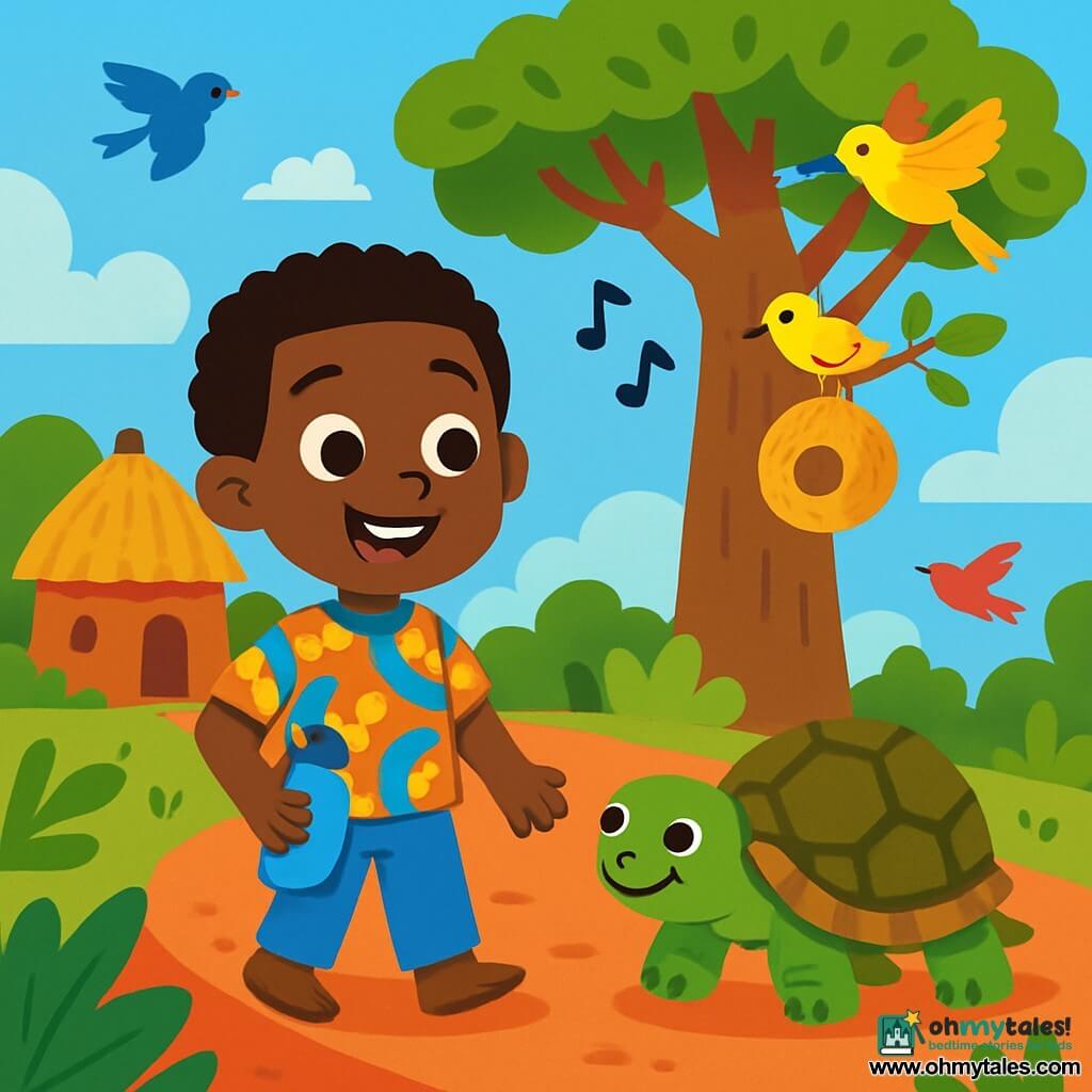 A young man named Kofi, smiling and curious, stands on a red path, his eyes shining with joy. He wears a colorful fabric t-shirt and light pants, holding a water bottle in one hand. Beside him, a wise turtle with a green and brown shell slowly makes its way along the path, its eyes sparkling with mischief. The backdrop is a vibrant African village, featuring a majestic baobab tree, clay houses with thatched roofs, and colorful birds flying in the blue sky. Kofi listens attentively to the song of a weaver bird building its nest, while a gentle breeze makes the leaves dance around them. The scene exudes a peaceful and joyful atmosphere, filled with bright colors and enchanting details.