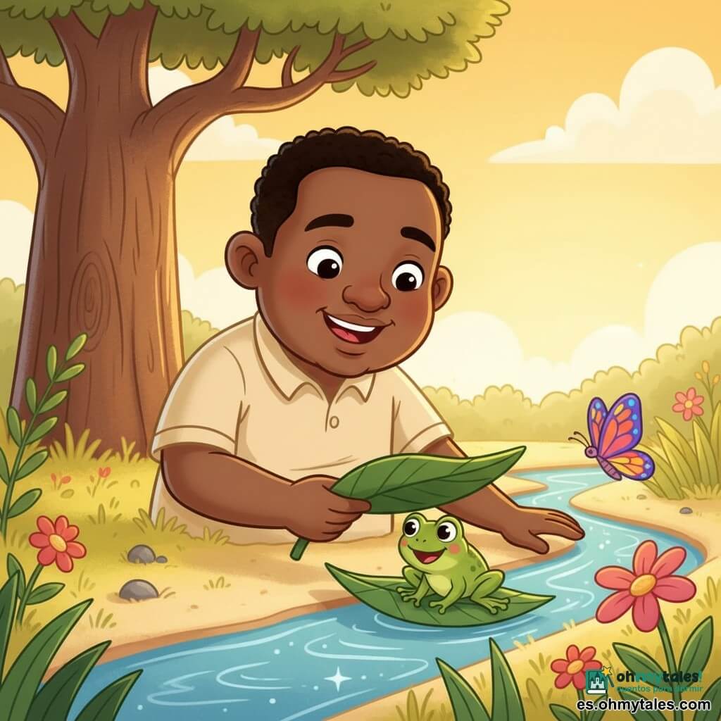 Un hombre adulto llamado Kofi, rostro redondo, piel morena cálida, pelo corto negro, sonrisa dulce y ojos brillantes, alegre y amable, sostiene una gran hoja flotando en el agua para ayudar; una pequeña rana verde, cuerpo liso y ojos redondos, mira la hoja y salta sobre ella, feliz en la orilla del arroyo frente a Kofi; una pequeña mariposa multicolor posada en una flor rosa junto al arroyo observa la escena; escenario: un gran baobab rugoso a la izquierda, hierba baja amarillo-verdosa, arena clara, un arroyo estrecho de agua azul reluciente y flores coloridas; Kofi ayuda a la rana a cruzar colocando la hoja flotante, gesto tierno y tranquilo, luz dorada del sol de la mañana, ambiente cálido y apacible; estilo: colores vivos, líneas suaves y contornos gruesos, composición simple y clara para niños pequeños, perspectiva cercana centrada en Kofi y la rana.