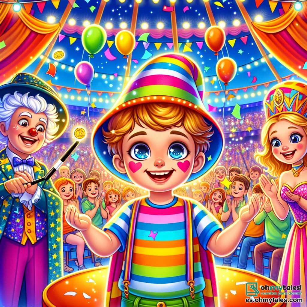 Un niño de 11 años, Lucas, se encuentra en el centro del escenario, con los ojos brillantes de emoción. Lleva una gorra de rayas coloridas y una camiseta de colores vivos, con una gran sonrisa que revela su asombro. Está haciendo desaparecer una moneda en su mano, rodeado de confeti colorido que vuela a su alrededor. A su derecha, el Gran Merlín, un hombre de unos 40 años, lleva un gran sombrero de mago y una capa brillante. Sonríe con benevolencia, sosteniendo una varita mágica en su mano, listo para ayudar a Lucas en su truco de magia. A su izquierda, una trapecista, una joven de 15 años, está suspendida en el aire, vestida con un traje brillante, aplaudiendo a Lucas con entusiasmo. La escena se desarrolla bajo la gran carpa del circo, llena de luces brillantes y decoraciones coloridas. Globos flotan sobre los espectadores asombrados, mientras que peluches y accesorios de circo están esparcidos a su alrededor. La situación principal muestra a Lucas, con el corazón latiendo de emoción, realizando su primer truco de magia en el escenario, rodeado de risas y aplausos, creando un momento de pura felicidad y magia para todos los espectadores presentes.