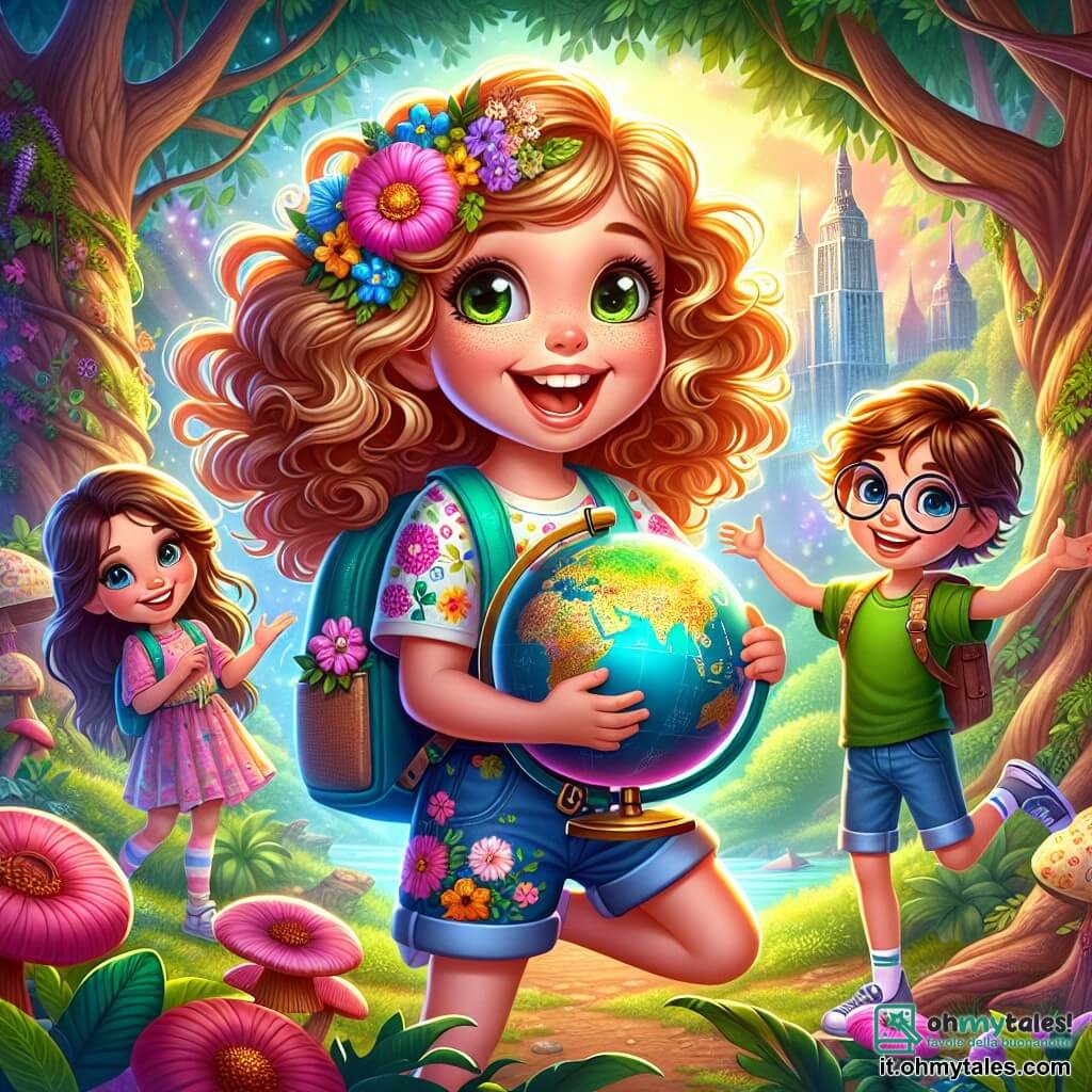 Al centro dell'immagine, una bambina di 7 anni, Sofia, con capelli ricci e dorati, esprime grande gioia ed eccitazione. Indossa una maglietta colorata con motivi floreali e uno zainetto blu. Sofia tiene in mano un mappamondo, con gli occhi brillanti di avventura. Alla sua destra, Luca, un ragazzo di 8 anni con occhiali rotondi e capelli castani disordinati, guarda la mappa con curiosità. Indossa una maglietta verde e pantaloni corti di jeans, pronto per esplorare. A sinistra, Martina, una bambina di 7 anni con lunghi capelli castani e un sorriso radioso, indica un albero misterioso, vestita con un abito rosa e sandali. Lo sfondo è una foresta incantata, piena di alberi maestosi, fiori colorati e un dolce ruscello. I raggi di sole filtrano tra i rami, creando un'atmosfera magica. La scena principale mostra i tre amici che scoprono una mappa del tesoro, circondati da un'aura di eccitazione e mistero, pronti per un'avventura verso la montagna misteriosa.