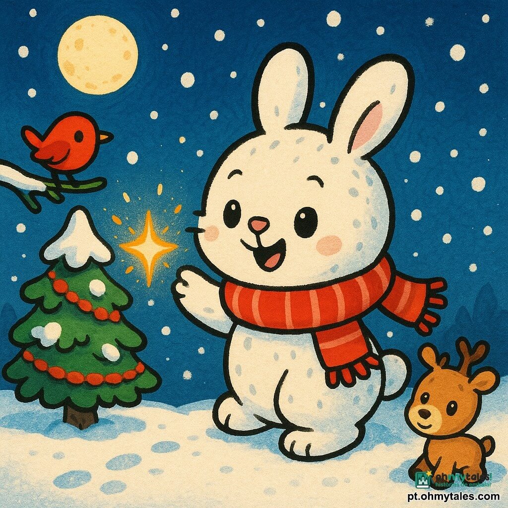Um pequeno coelho de neve, redondo e fofo, branco-âmbar com manchas cinza pérola, olhos negros brilhantes e nariz rosa, sorri e estende a pata para um sinete dourado que brilha; usa um grosso cachecol vermelho listrado de branco, levemente torto. À esquerda há um mini pinheiro de Natal nevado com guirlandas vermelhas e um passarinho vermelho empoleirado, curioso; à direita um renas de pelúcia sentado na neve, de olhos arregalados e expressão encantada. O chão é neve em pó cintilante com pegadas que levam ao pinheiro; o céu noturno é azul profundo com uma lua amarelada e flocos grandes caindo. Algumas faíscas cor de canela flutuam ao redor do sinete. Estilo gráfico simples, formas arredondadas, cores vivas, contornos nítidos, expressão doce e ingênua para bebês.