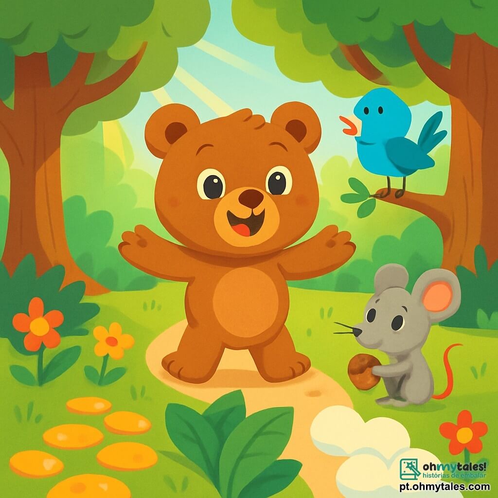 Um pequeno urso de pelúcia chamado Bolota, com pelagem marrom macia e olhos brilhantes, está no centro da cena, com os braços abertos e um grande sorriso alegre no rosto. À sua direita, um pequeno rato cinza com grandes orelhas, com uma expressão curiosa, observa Bolota enquanto mastiga uma avelã. À sua esquerda, um pássaro azul com penas brilhantes, empoleirado em um galho, canta alegremente, contribuindo para a atmosfera festiva. A cena acontece em uma floresta encantada, cheia de árvores de troncos grossos e flores coloridas que dançam ao vento, enquanto raios de sol filtram através da folhagem, criando manchas luminosas no chão. Bolota, animado pela aventura, está diante de três caminhos misteriosos: um caminho de pedras douradas cintilantes, outro ladeado por grandes folhas verdes e um último coberto de suaves nuvens de algodão.