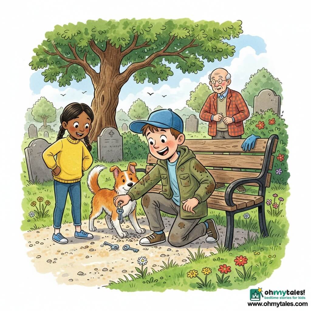 An 8-year-old boy, Max, smiling and focused with short chestnut hair and a blue cap, kneels to pick up two small shiny silver keys at the foot of a wooden bench; an ~8-year-old girl, Lily, with black braided hair and a bright yellow sweater, stands left of him with hands on hips, amazed; a medium reddish-white dog named Scout wags its tail and scratches where the keys are half-buried; an elderly man, Mr. Henry (about 70), watches with relief from near a flowerbed; the small peaceful cemetery in soft sunlight—pale gravel path, worn bench, gray tombstones, an old oak and grass dotted with wildflowers—captures the moment of discovery as the dog uncovers the keys and the children react with pride and wonder.