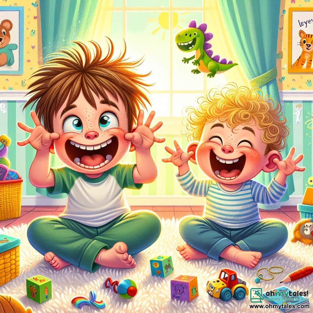 A 4-year-old boy, Sam, with messy brown hair and a big cheerful smile, is sitting on the floor with crossed legs, making a funny face with puffed cheeks. Next to him, his 2-year-old brother Max, with curly blonde hair and sparkling eyes, is laughing out loud, arms raised as if wearing an imaginary dinosaur hat. The scene takes place in a bright living room filled with colorful toys scattered on a soft rug, with sunlight filtering through the curtains. The walls are painted pastel yellow, and animal drawings decorate the room. The main situation shows Sam and Max in a competition of funny faces, laughing together in an atmosphere of happiness and camaraderie.