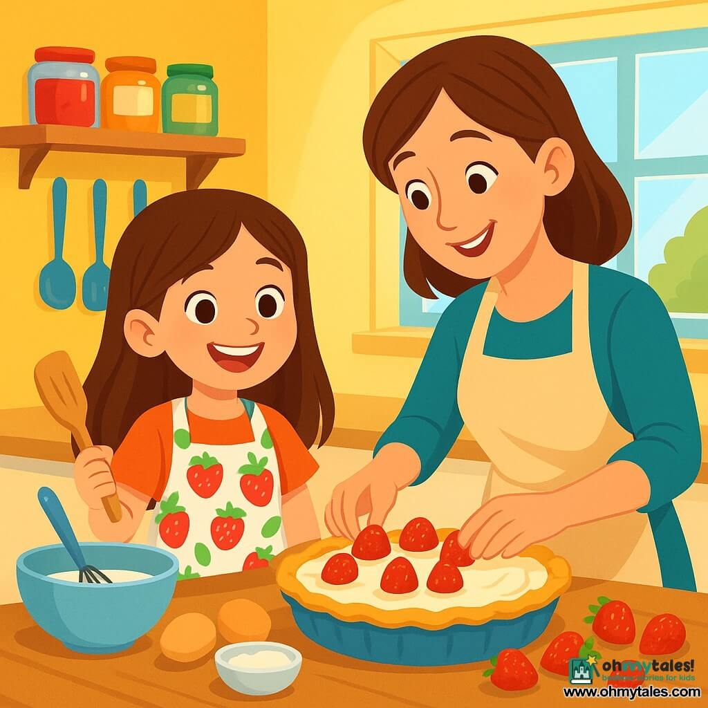 An 8-year-old girl named Lila, with long brown hair and sparkling joyful eyes, stands in a bright kitchen, a big smile on her face. She wears a colorful apron with strawberry patterns and holds a wooden spatula, ready to serve a dessert. Next to her is her mom, a woman in her 30s with brown hair and a warm smile, helping her prepare the Sunny Pie. She is leaning over the countertop, adding fresh strawberries to the dessert. The kitchen is spacious and welcoming, with sunny yellow walls, shelves filled with colorful jars of jam, and an open window letting in morning light. The main scene shows Lila and her mom preparing a special cake for Father's Day, with ingredients scattered around them, creating a joyful and close atmosphere. The bright red strawberries and the creamy mixture of the dessert add a splash of color to the whole scene.