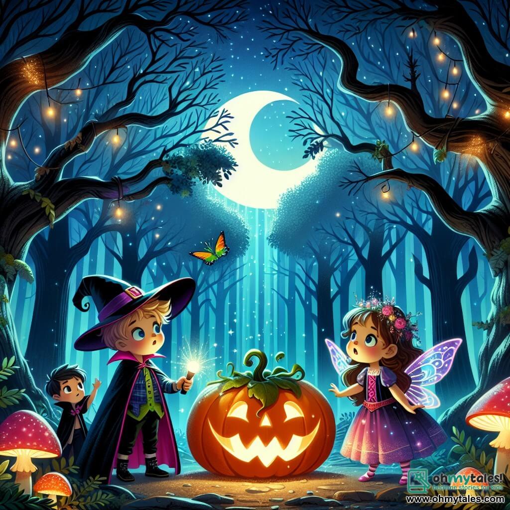 An 11-year-old girl, Lily, stands at the center of the scene, dressed in a colorful witch costume with a purple cape and a large black hat. Her face is lit up with a delighted smile, her eyes sparkling with curiosity as she gazes at a magnificent glowing pumpkin in the clearing. Next to her, Max, an 11-year-old boy, is dressed as a vampire with a red cape and sharp teeth. He looks both anxious and excited, his wide eyes as he holds a flashlight illuminating the pumpkin. Sarah, a 10-year-old girl, is dressed as a fairy with shimmering wings and a pink dress. She stands a bit back, her face marked by a look of wonder, watching the twinkling lights around them. The scene takes place in an enchanted forest, where majestic trees with gnarled trunks rise around them, their leaves shining under the moonlight. Luminescent mushrooms surround the pumpkin, creating a magical and mysterious atmosphere, while shadows dance among the branches. Lily, Max, and Sarah discover the magical pumpkin, which glows brightly in the clearing, symbolizing their courage and friendship as they prepare to face a mysterious challenge.