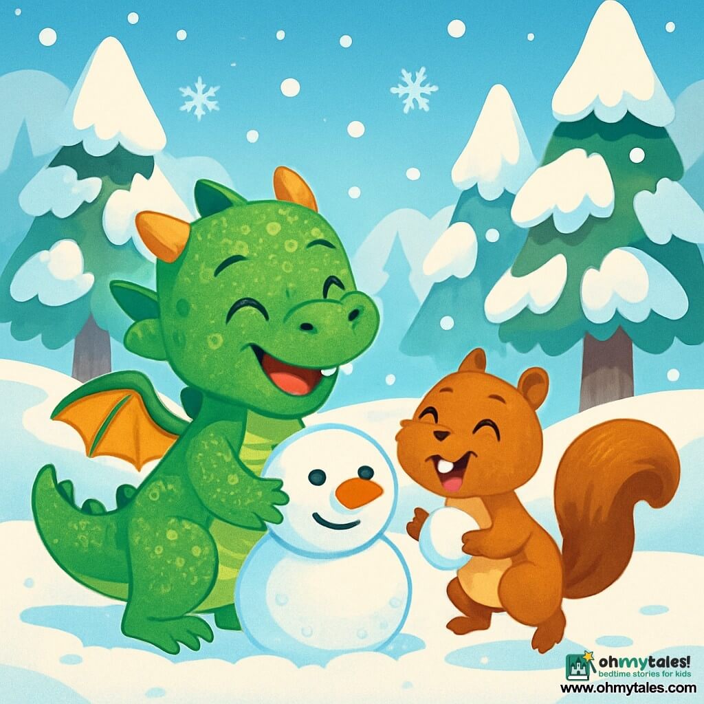 A little dragon named Puff, with shimmering green scales and sparkling joyful eyes, plays in the snow, laughing in wonder. Puff is building a snowman, his tiny clawed paws glowing with happiness. Next to him, Squeaky, a brown-furred squirrel with a bushy tail, jumps for joy, his eyes shining with mischief. He holds a snowball in his small paws, ready to throw it at Puff. The setting is an enchanted forest, with majestic trees covered in white snow, snowflakes gently falling from the light blue sky, and rounded hills sparkling in the winter sun. The main scene shows Puff and Squeaky laughing together, surrounded by sparkling snow, creating joyful memories of a magical winter.