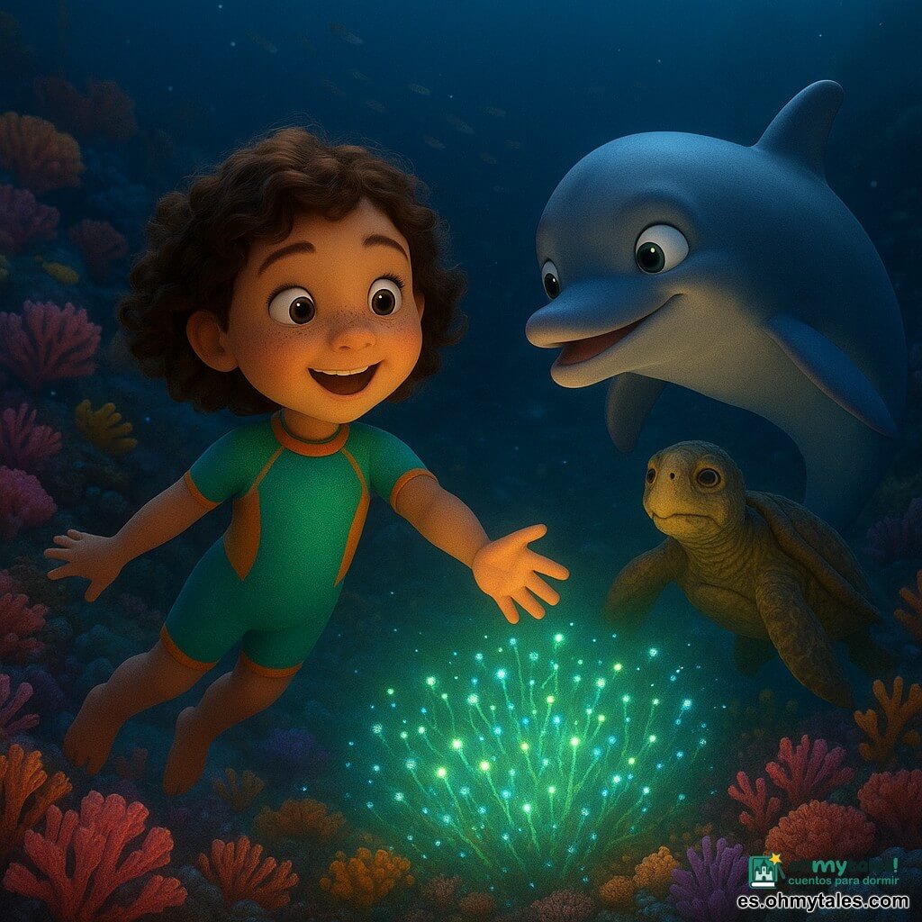 Niña de 6 años, feliz y maravillada, cabello castaño rizado y pecas, con un traje de neopreno colorido, flota y extiende la mano hacia algas bioluminiscentes; un delfín llamado Dario, juguetón y protector, nada a su lado y una tortuga marina vieja y sabia avanza detrás indicando el campo de algas. Sobre un arrecife exuberante con corales y anémonas y bancos de pez plateado, al crepúsculo submarino miles de puntos verdes y azules de algas se encienden como un cielo estrellado, creando una danza de luces; ambiente suave y mágico, contraste de crepúsculo y resplandor fosforescente, texturas realistas y colores saturados, composición centrada en la niña y el anillo luminoso de algas.