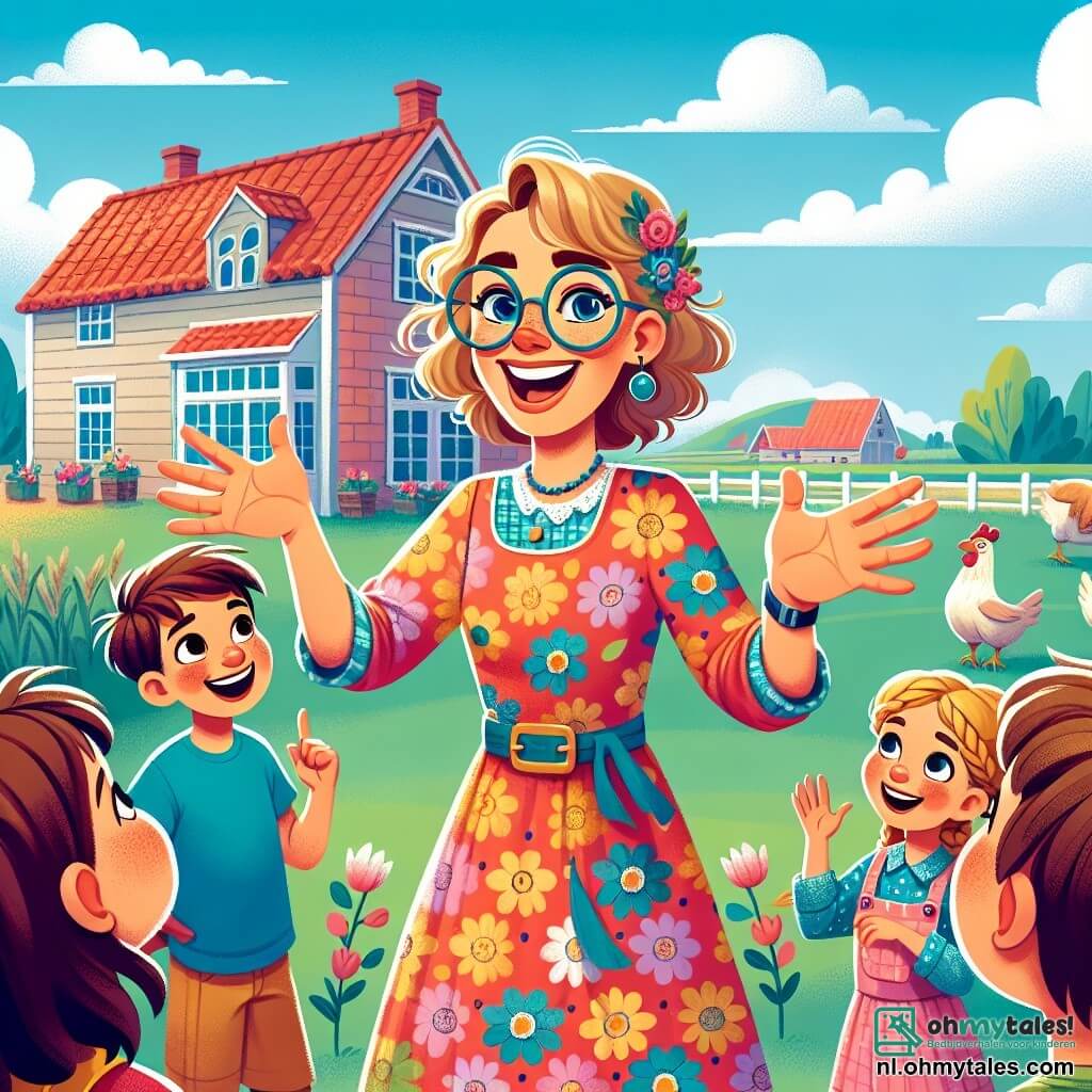 Een glimlachende juf Sofie, een vrouw van in de dertig, draagt een jurk met felle bloemen en ronde bril. Ze is vol energie en vreugde, terwijl ze enthousiast iets aan de kinderen uitlegt. Om haar heen zijn verschillende kinderen: een 7-jarig joch met rommelig bruin haar, in een blauwe t-shirt en korte broek, die met een grote glimlach zijn hand opsteekt, en een 6-jarig meisje met gevlochten blond haar in een roze jurk, dat Juf Sofie met oprechte opwinding aankijkt. De scène speelt zich buiten af, voor een charmante boerderij met groene velden, een blauwe lucht met pluizige witte wolken, en dieren zoals koeien en kippen op de achtergrond. Juf Sofie legt enthousiast aan de kinderen uit dat ze op excursie naar de boerderij gaan, terwijl de kinderen vol opwinding klaarstaan om aandachtig te luisteren en vragen te stellen.