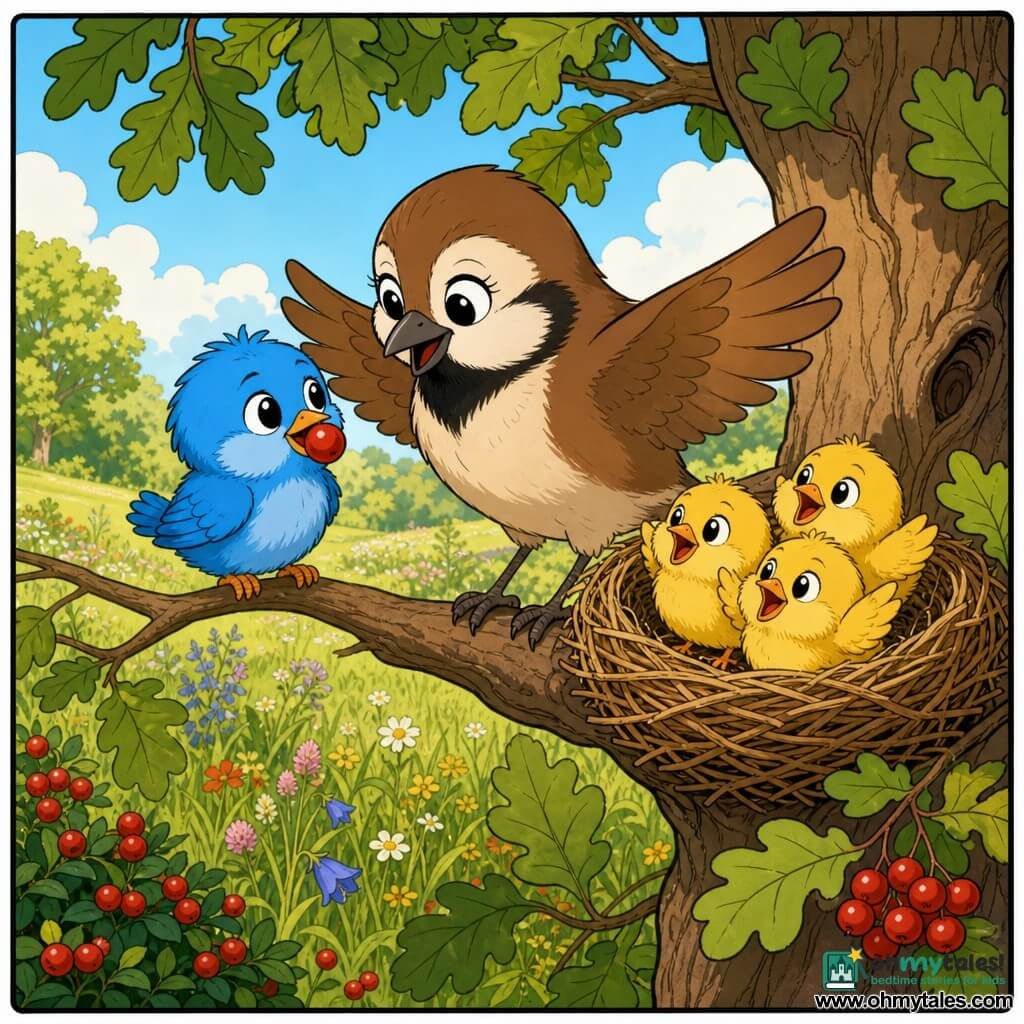 Pip is a small bright blue bird with fluffy feathers and round shiny eyes, looking guilty but relieved, perched on a thin branch holding a red berry in his beak; Mama Robin is a plump brown thrush with a soft beak and tender, comforting gaze, wings open as if to embrace Pip, standing near a wicker nest on the main branch to the right where three round yellow chicks with open beaks look at Pip, eager and joyful; the scene is a sunny meadow beside a large oak with detailed green leaves, tall grass, colorful wildflowers and a few red berries on the ground and bushes, warm colors, clear lines and rounded shapes in a simple, child-friendly style conveying a gentle, cozy mood.