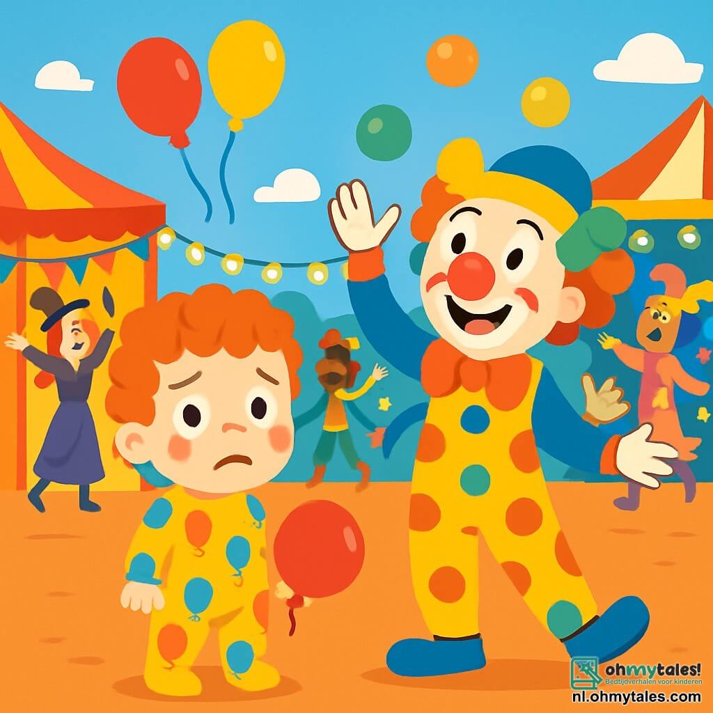 Een klein jongetje van 2 jaar, met krullend haar en blozende wangen, kijkt om zich heen met grote ogen en een bezorgde uitdrukking op zijn gezicht. Hij draagt een kleurrijke overall met ballonmotieven en houdt een rode ballon vast. In de buurt jongleert een blije clown van ongeveer 30 jaar, met een grote glimlach, een rode neus en kleurrijk haar, met glanzende ballen, wat de aandacht van alle kinderen trekt. Het carnaval vindt plaats op een levendig plein, vol met kraampjes versierd met kleurrijke slingers, fonkelende lichten en mensen in extravagante kostuums die dansen en lachen. In het midden van de afbeelding staat het kleine jongetje alleen, op zoek naar zijn ouders tussen de blije menigte, terwijl ballonnen in de blauwe lucht zweven.
