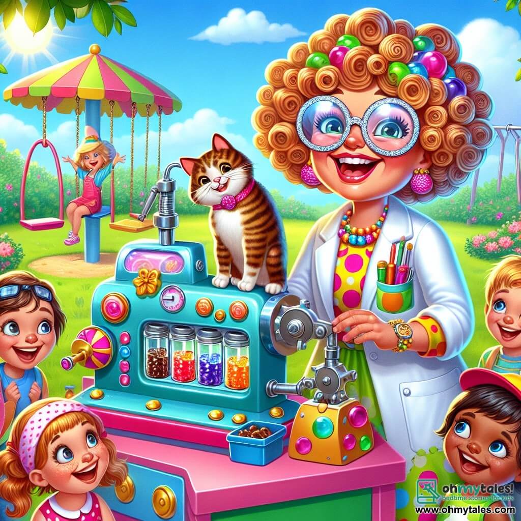 Miss Lily, a joyful woman with large sparkling round glasses and curly hair dancing around her face, smiles enthusiastically as she shows her jelly-making machine. She wears a colorful lab coat with pockets full of shiny tools. Beside her is a small cat named Whiskers, with a striped coat and curious eyes, watching the machine with fascination. Around them, a group of 6 to 8-year-old children, all smiling and excited, stand near Miss Lily. A girl with pigtails and a polka dot dress, a boy in a superhero cape, and another girl with a pink hat all look at the machine in wonder. The scene takes place in a sunny park filled with greenery, colorful flowers, and children's laughter. Swings and slides are visible in the background, adding a joyful and playful atmosphere. In this illustration, Miss Lily and the children press a large red button on the jelly-making machine together, while streams of colorful jelly joyfully pour into small pots, creating an atmosphere of creativity and shared happiness.