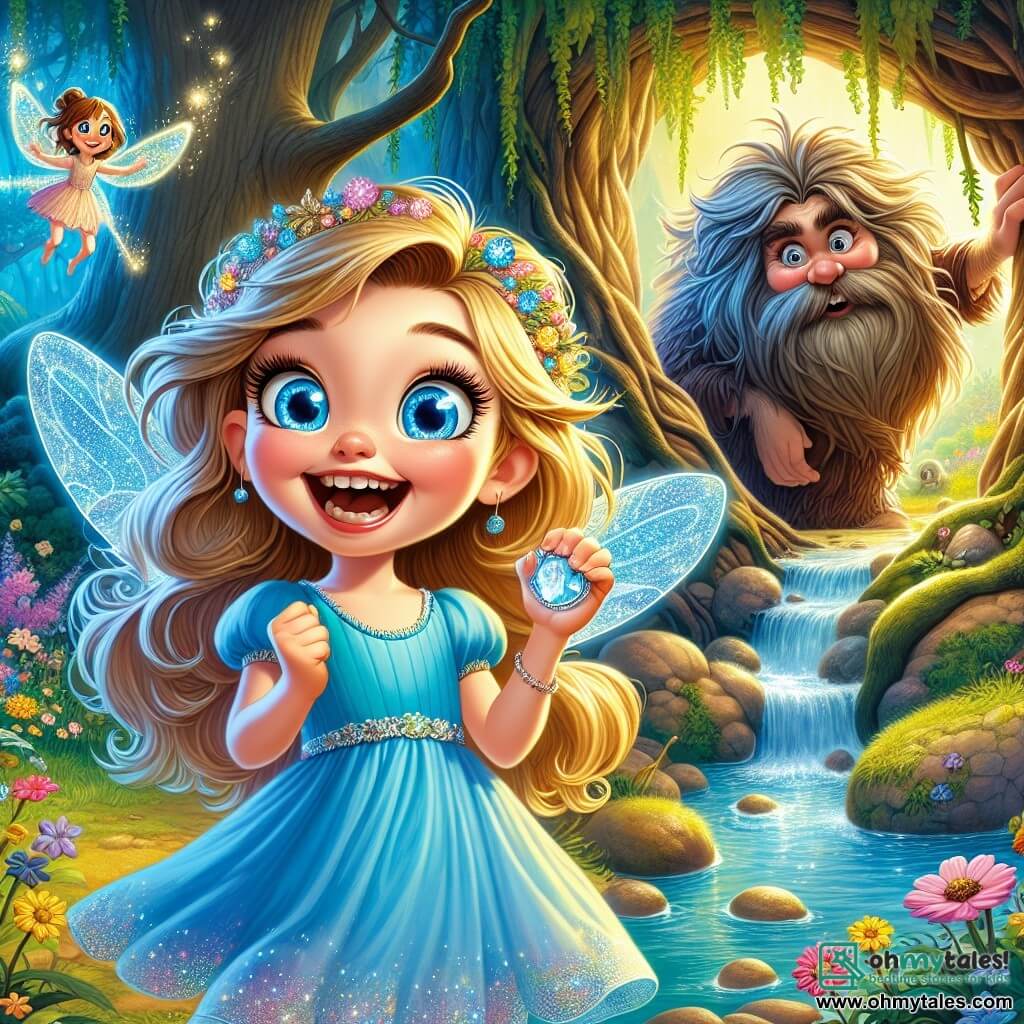 A 5-year-old girl named Lily, with sparkling blue eyes and golden hair, wears a blue dress that twirls around her. She sits by a shimmering stream, a look of wonder on her face, holding a shiny silver key in her small hands. Next to her, a fairy named Faye, small and delicate with sparkling wings and a dress made of colorful petals, joyfully flits around Lily, her eyes sparkling with mischief. In the background, a troll named Grizzle, tall and hairy with a messy beard, stands at the entrance of a cave, watching the scene with a shy smile, his arms crossed over his chest. The setting is an enchanted forest, with majestic trees whispering secrets, vibrant flowers dancing in the wind, and a stream with crystal-clear waters sparkling in the sunlight. The main situation shows Lily discovering the magical key by the stream, ready to enter the wonderful world of the cave, while Faye encourages her and Grizzle, the troll, begins to relax, ready to share his story.