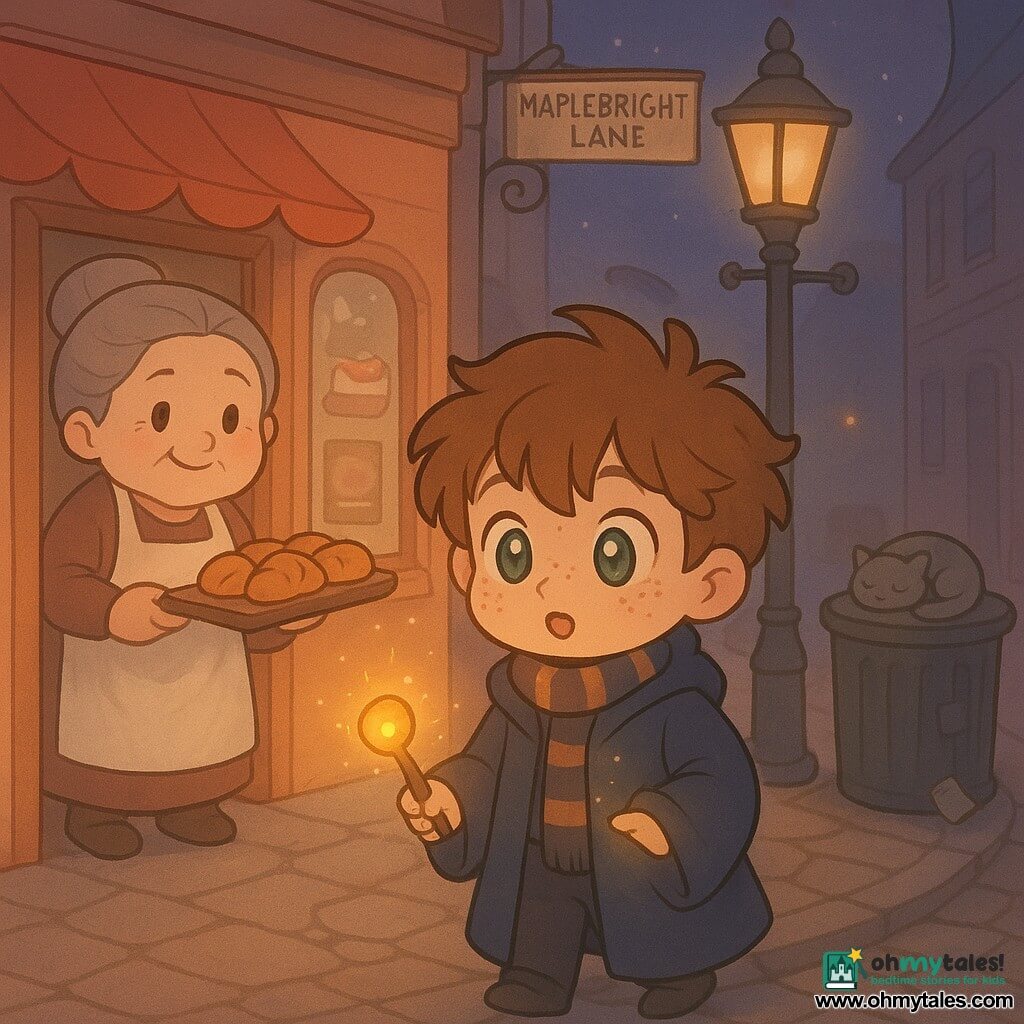 An 8-year-old boy wizard, Rowan Wisp, freckles, messy brown hair, sparkling green eyes, wonderingly curious, wearing an oversized dark blue coat and striped scarf, holding a short wooden wand in his right hand while his left reaches into a coat pocket glowing with golden light; a small glass button-lantern the size of a button floats above the pocket, emitting warm golden light and tiny sparks. To the left in a bakery doorway stands Mrs. Crumble, a round smiling baker in her 50s with gray hair in a bun and a flour-dusted apron, holding a tray of buns. The scene is Maplebright Lane at dusk: cobblestones, twinkling wrought-iron streetlamps, a salmon-painted bakery front with fogged window and cake posters, a sleeping gray cat on a bin, and an old lamppost casting a long curved shadow. Rowan is being gently pulled toward the lamppost by the lantern; the mood is softly mysterious with slightly wavering shadows and warm pastel chibi-kawaii visuals, rounded lines, soft lighting, and small magical sparks.