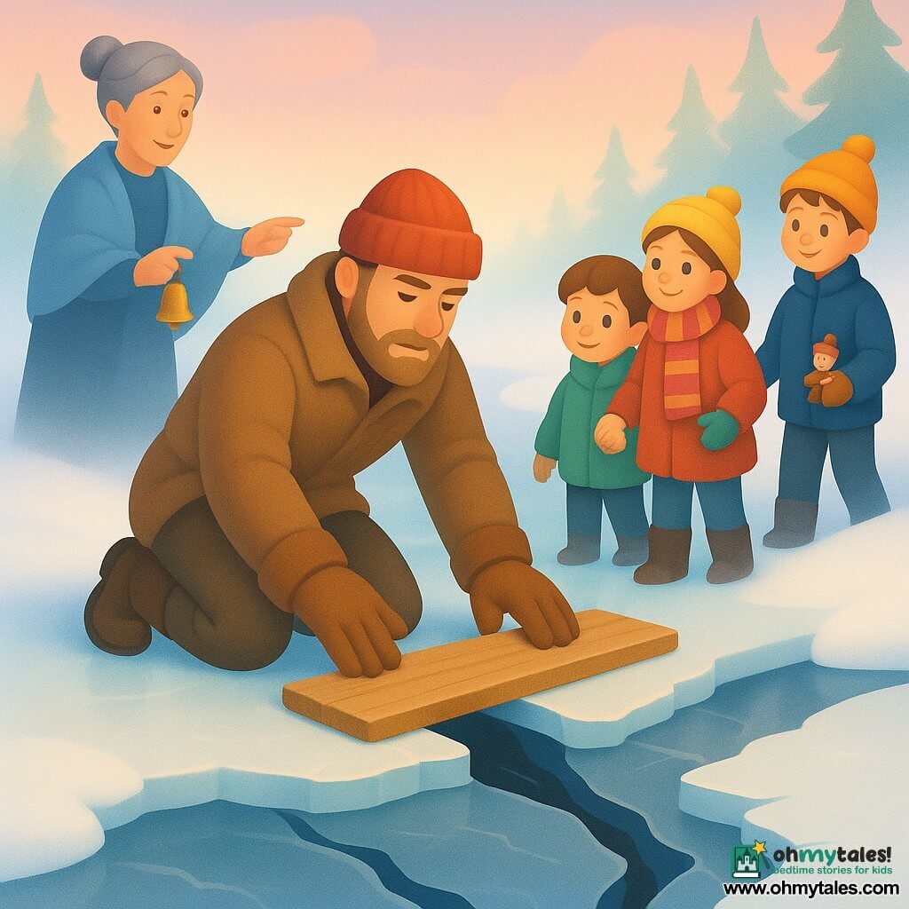 A calm, determined male explorer with a short beard, fair skin, red wool hat, brown heavy coat and worn leather gloves kneels on shiny ice, tenderly focused as he repairs a large crack with a wooden plank and ropes; a female schoolteacher of about 45 with a light blue shawl and gray hair in a bun watches from the nearby bank, holding a small golden bell, smiling reassuringly and pointing the way to three children: an 8‑year‑old girl in a yellow hat and striped scarf holding the hand of a 7‑year‑old boy in a green coat admiring the repair, and a 9‑year‑old boy farther off in an orange hat clutching a small wooden soldier found on the ice; the narrow ice bridge crosses a silver river with dark fissures and blue reflections, snowy banks, powdery green pines and a pale dawn sky with pink patches, the explorer repairing the crack while the children wait and the teacher supervises in a soft winter scene of cold light pierced by a warm ray of rising sun.