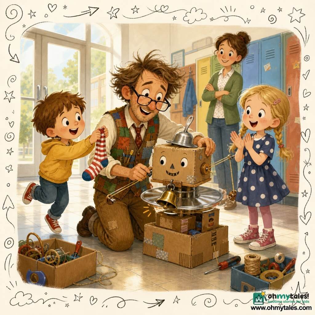 Mr. Pipkin kneels with tousled hair, slipping oversized glasses, a patched vest and an amazed smile as he assembles a cardboard machine with string arms, a silver spoon hat and a dangling bell; a girl of about seven with blonde braids in a polka-dot dress stands to his right applauding with wide-eyed wonder, a boy of about six with short brown hair holds a striped sock and hops to the left watching the machine, a woman teacher in her thirties with her hair tied back smiles with arms crossed near a large "lost and found" box; the bright school hallway has a glass door letting in morning light, colorful lockers, tiled floor and scattered toolboxes and string; the Whirly-Socks machine turns slowly, one arm grabs the striped sock, the bell tinkles and the children watch in a soft, playful, warm atmosphere.