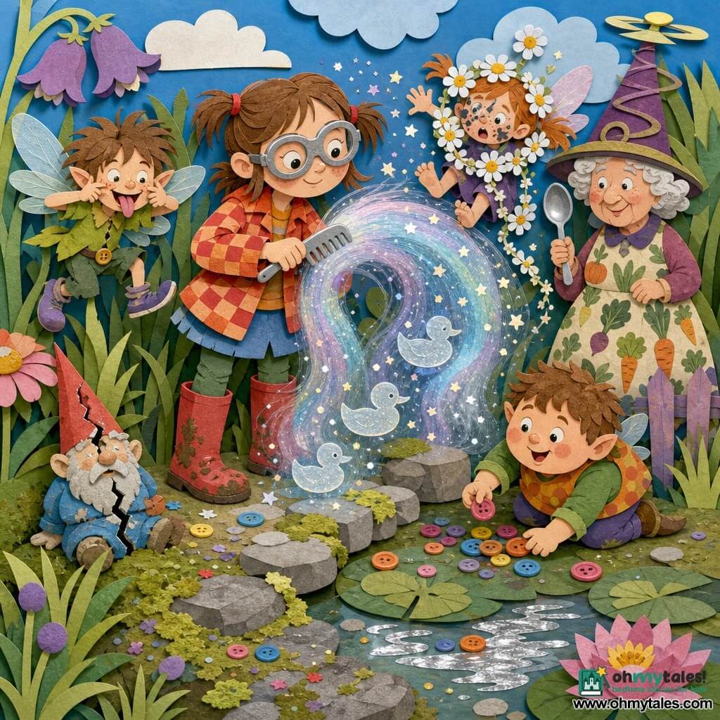 A focused, enthusiastic 10-year-old girl named Bea with a round freckled face, brown pigtails, silly safety goggles, a plaid jacket and muddy red boots gently smooths an iridescent mist-bow with an old metal comb in a strange colorful garden strewn with mossy stones, a cracked gnome, a small silver-reflecting pond and wild cut grasses; a mischievous pixie boy Flibber, small, barefooted mismatched, tousled hair and translucent wings, floats to Bea's left making a face and laughing; a round-eyed pixie boy Bink kneels by a waterlily gathering rainbow buds from the ground; a pixie girl Dot, ink-speckled and tangled in a daisy garland with her feet in the air to Bea's right, flaps her wings; elderly Mrs. Parsnip in a pointed spinning hat and vegetable-patterned dress watches smiling from the garden edge holding a silver spoon; glittery puffs and tiny translucent ducklings appear as the playful, luminous scene turns slightly chaotic.
