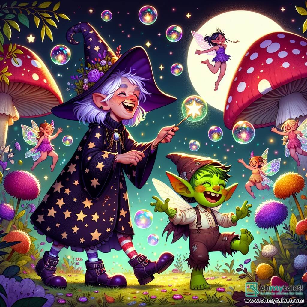 A cheerful witch named Wilhelmina Wizzlebottom, with messy purple hair and mismatched socks, stands in the center of the image, smiling broadly. She wears a black dress adorned with sparkling stars and holds a shimmering wand, surrounded by colorful bubbles floating around her. Next to her, a mischievous little goblin, about 8 years old, with green skin and pointy ears, laughs heartily while trying to catch the bubbles. He wears tattered pants and a leaf-shaped hat. In the background, a group of glowing fairies with sparkling wings and dresses made of flower petals joyfully flit through the air, adding a touch of magic to the scene. The setting is an enchanting garden filled with vibrant plants, singing flowers, and a large red mushroom with white spots on which Wilhelmina stands. The night is illuminated by a bright moon, and fireflies dance around them, creating a fairy-tale atmosphere. The main scene shows Wilhelmina casting a spell that makes multicolored bubbles burst in the air, causing laughter and joy among the magical creatures surrounding her.