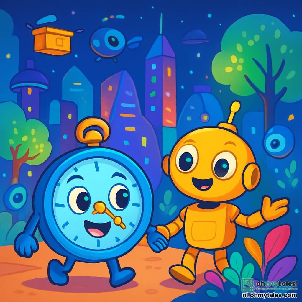 Tikkie, een vrolijk klokje met een glanzend blauwe behuizing en gouden wijzers, tikt enthousiast terwijl hij een futuristische stad verkent. Naast hem staat Zappy, een vriendelijke robot met een stralend gele behuizing en ronde, expressieve ogen, die trots glimlacht terwijl hij kleurrijke planten toont die om hen heen groeien. De achtergrond is een druk plein in Glimmerstad, waar glinsterende gebouwen met vreemde vormen naar de lucht reiken, verlicht door kleurrijke lichten. Drones zweven boven hen en bezorgen pakketten, terwijl bomen met luminescente bladeren zachtjes in de wind dansen. Tikkie en Zappy ontdekken samen de wonderen van technologie en natuur, omringd door nieuwsgierige gadgets die hen bewonderend aankijken.