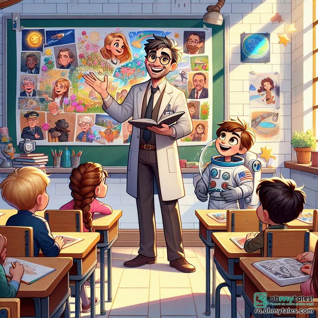 Personajul principal este un bărbat, profesorul Andrei, în jur de 40 de ani, cu părul brun ușor dezordonat și ochelari rotunzi care îi dau un aer simpatic. El zâmbește călduros, ținând un tablou mare pe care a desenat imagini colorate ale diferitelor profesii, explicând cu entuziasm elevilor săi. Printre personajele secundare se află Mara, o fetiță de 10 ani cu părul lung blond împletit, care stă lângă tabloul, ținând o pictură frumoasă. Ea îl privește pe profesor cu admirație. Victor, un băiat de 10 ani cu părul brun și ochelari, stă puțin mai în spate, purtând un costum de astronaut din carton, pregătit să împărtășească visul său de a deveni astronaut. Scena se desfășoară într-o clasă luminoasă, cu pereți decorați cu desene de copii, feronerie care lasă să intre lumina soarelui și birouri din lemn bine aranjate. Cărțile și rechizitele sunt împrăștiate pe mese, creând o atmosferă veselă și studiată. Situația principală arată profesorul Andrei explicând cu pasiune proiectul despre meserii, în timp ce copiii îl ascultă cu atenție, fețele lor strălucind de entuziasm și inspirație, pregătiți să împărtășească propriile vise și creații.