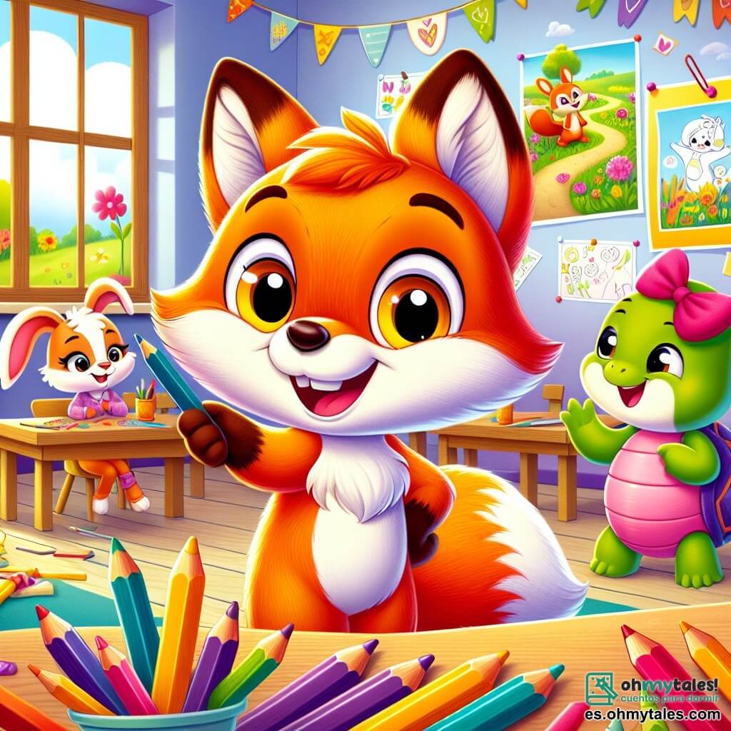 Un pequeño zorro de pelaje naranja brillante, con una cola esponjosa y ojos chispeantes de curiosidad, se encuentra en el centro de una escena alegre, sonriendo con entusiasmo mientras sostiene un lápiz de colores en su pata. A su derecha, una adorable conejita de grandes orejas y un lazo rosa, con una mirada amigable y alentadora, observa al zorro haciéndole un gesto con la pata. A la izquierda, una joven tortuga de caparazón verde y sonriente, que parece un poco tímida pero feliz, mira a su amigo con admiración. El escenario es un aula luminosa, llena de dibujos coloridos en las paredes, escritorios de madera y una gran ventana que deja entrar la luz del sol, con un jardín florecido visible afuera. La situación principal muestra al zorro y sus amigos trabajando juntos en un proyecto artístico, rodeados de lápices, papeles de colores y risas, ilustrando el espíritu de amistad y aprendizaje alegre en la escuela.