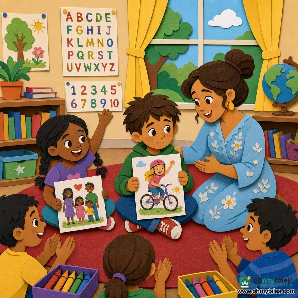 A warm, smiling female teacher with chestnut hair in a bun, wearing a light blue floral dress, kneels on a red round rug to encourage Jack, an about-8-year-old brown-haired, shy boy holding a drawing of his little blonde 5-year-old sister learning to ride a bike; Mia, about 7, with black hair in pigtails, sits left of Jack on the carpet, raising her hand and holding a colorful family drawing; the bright classroom has large windows with yellow curtains, alphabet and number posters, low shelves of books and colorful crayon boxes; the scene shows a tender sharing moment with children softly applauding, vivid contrasting colors and visible cut-paper textures with clean edges and layered pieces.