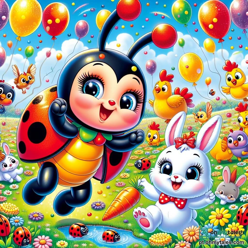 Uma joaninha alegre chamada Lili, com asas vermelhas com pintas pretas e grandes olhos brilhantes, dança no meio de uma festa colorida, com um largo sorriso no rosto. Ao seu lado, um travesso coelhinho chamado Ródi, com pelagem branca e grandes orelhas, segura uma cenoura nas patas, rindo e pulando de alegria. Perto dali, um grupo de galinhas com penas douradas e olhos curiosos bicam milho, enquanto peixes coloridos dançam em bolhas cintilantes no fundo de um pequeno lago. A cena acontece em um campo verdejante, salpicado de flores vibrantes e sob um céu azul claro, onde balões flutuam alegremente. Lili, cercada por seus amigos animais, organiza uma festa animada, cheia de risos e brincadeiras, onde todos se divertem correndo e dançando juntos.