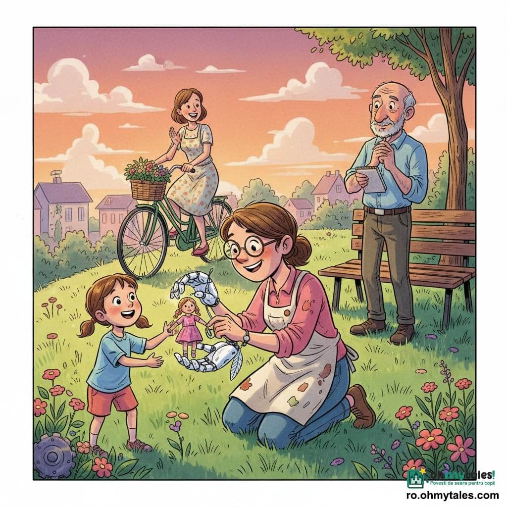 Ana, inventatoare de circa 30 de ani, zâmbitoare și concentrată, poartă ochelari rotunzi și un șorț pătat; îngenuncheată pe iarbă ajustează o mică mână mecanică albă cu senzori în formă de pene care ține delicat o păpușă, iar o fetiță de 6 ani cu cocuri brune privește uimită și întinde mâinile spre păpușa din palmă; Mara, în jur de 35 de ani, zâmbitoare, aplaudă pedalând pe bicicletă, rochie ușoară și coș cu flori, iar un bărbat în vârstă de circa 70 de ani, cu barbă scurtă și mâini bătătorite, stă lângă o bancă de lemn ținând un carnet de notițe; scena se petrece pe o colină iarbă în parc la amurg, cu flori sălbatice, case joase și un cer portocaliu-purpuriu, atmosferă caldă, jocuri de lumină și umbră, angrenaje sclipitoare și texturi de stofă.