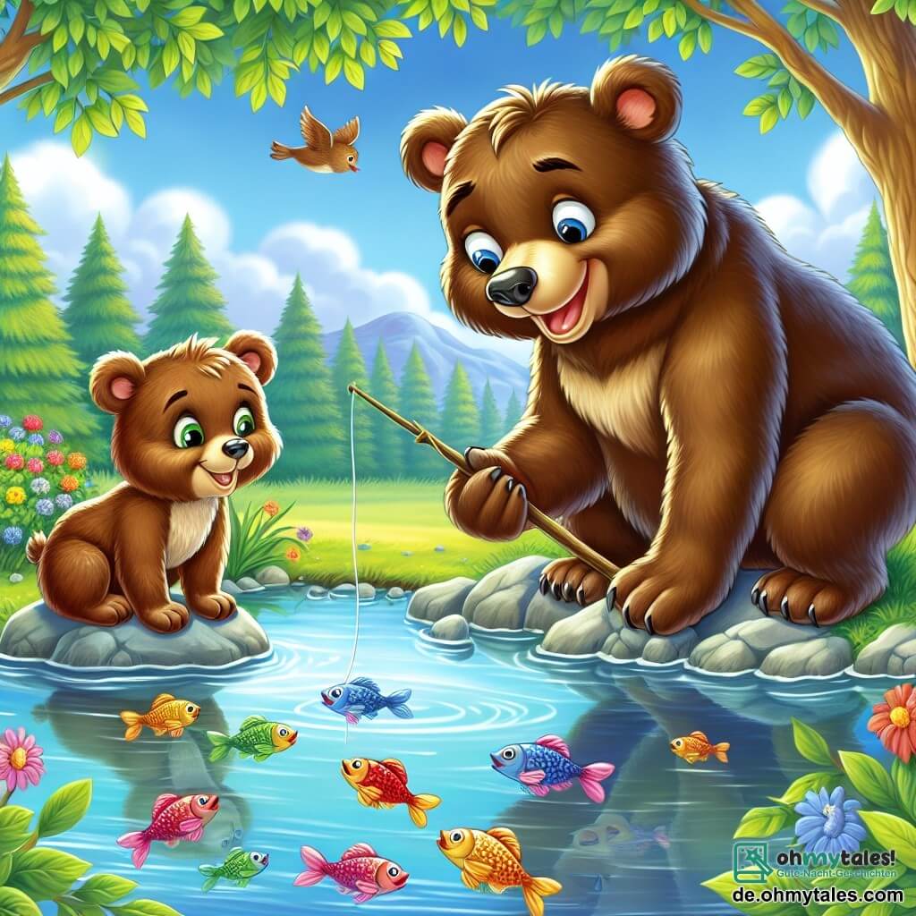 Ein junger Braunbär mit weichem, glänzendem Fell und neugierigen Augen steht am Rand eines wunderschönen Teichs, ein strahlendes Lächeln auf seinem Gesicht. Er hält einen Stock in seinen Vorderpfoten, bereit, bunte Fische zu fangen, die fröhlich an der Wasseroberfläche springen. Neben ihm sitzt ein kleiner Bär mit matterem Fell, dessen Augen voller Zweifel, aber auch Hoffnung sind. Er beobachtet aufmerksam und lächelt leicht, während er seinen Freund bewundert. Die Umgebung ist bezaubernd: Majestätische Bäume mit leuchtend grünen Blättern umgeben den Teich, und bunte Blumen blühen am Ufer, während Vögel in den Ästen singen. Die Hauptsituation zeigt die beiden Bären, die einen Moment der Freundschaft und Entdeckung teilen, wobei der junge Bär seinen Freund ermutigt, es mit dem Fischen zu versuchen und so die Schönheit von Solidarität und Akzeptanz zu verdeutlichen.