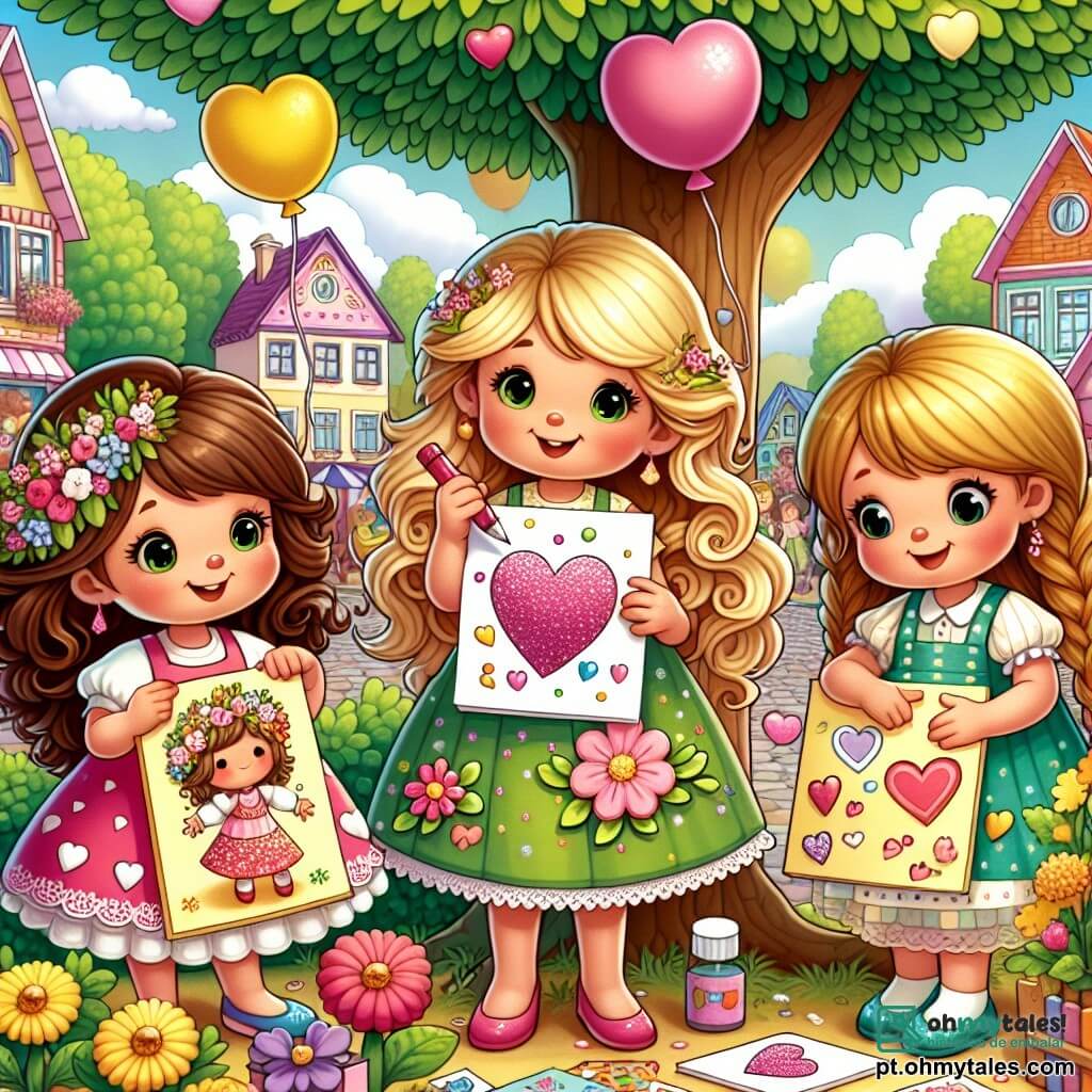 Três meninas de seis anos estão reunidas sob uma grande árvore com folhas verdes brilhantes. Ana, uma menina de cabelos castanhos e cacheados, veste um vestido rosa com flores brancas e segura um bonito cartão colorido nas mãos. Ao lado dela, Bia, com cabelos loiros trançados e um vestido amarelo, sorri mostrando seu cartão decorado com glitter. Clara, uma menina de cabelos castanhos e lisos, veste um vestido azul e desenha um coração em outro cartão, com o rosto iluminado pela excitação. O local é uma charmosa praça de bairro, cercada por casas coloridas e flores vibrantes. Balões flutuam no ar e risadas de crianças se misturam à doce melodia de uma festa em andamento. As três amigas estão preparando cartões para o Dia das Mães, cheios de desenhos e palavras carinhosas, prontos para serem oferecidos a suas mães com amor e alegria.
