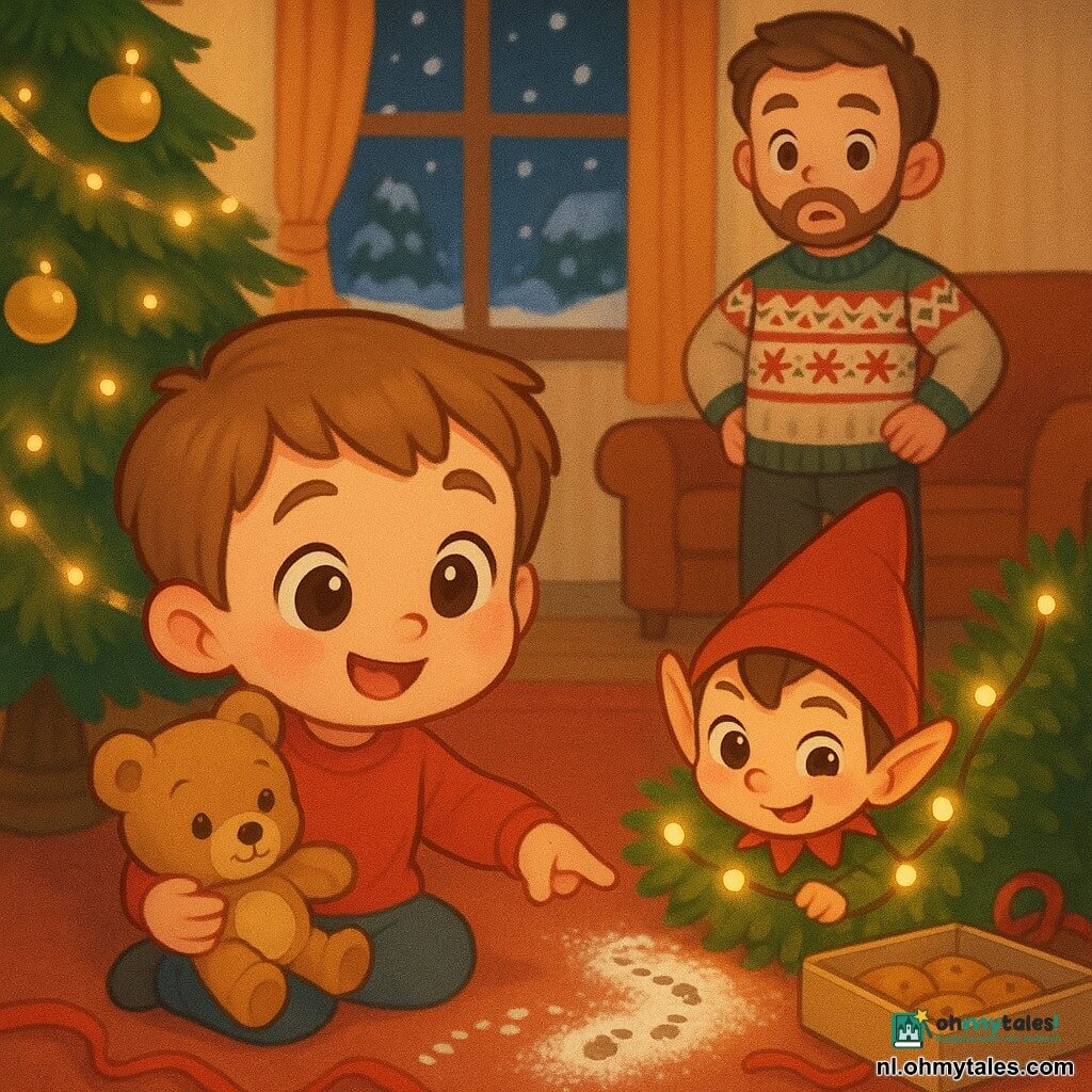 Een nieuwsgierige jongen van 6 jaar met rond gezicht, roses wangen en kort lichtbruin haar zit voor een versierde kerstboom en houdt zijn knuffelbeer tegen zich; een ondeugende handgrote mannelijke kabouter met bleke huid, rood puntmutsje en groen jasje met belletjes verstopt zich glimlachend achter lichtjes en laat wat meel bij de koekjes achter; een ongeveer 35-jarige vader met korte baard en kersttrui staat verrast maar teder met handen in de zij bij de bank; de warme, feestelijke woonkamer heeft een rood vloerkleed, gouden kerstballen, een open koekendoos met kleine voetafdrukjes en een raam waar sneeuw valt — het moment van ontdekking: de jongen wijst naar de voetafdrukjes en het verstoorde lint, sfeer helder en kleurrijk.