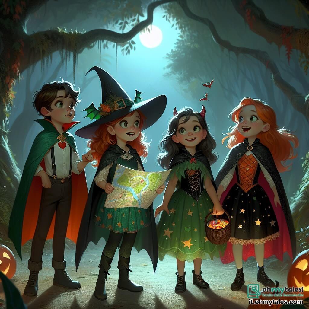 In una foresta magica, quattro bambini si trovano insieme, illuminati dalla dolce luce della luna. Matteo, un ragazzo di 7 anni, indossa un costume da piccolo drago verde con ali scintillanti e tiene la mano di Sara, curioso ma un po' preoccupato. Anna, una ragazza di 8 anni, è vestita da strega con un cappello nero a punta e un abito decorato di stelle, sorridendo e indicando un grande albero in lontananza. Sara, una ragazza di 7 anni, indossa un costume da vampiro con un mantello rosso e denti aguzzi, guardando con eccitazione la mappa che tiene in mano. Lisa, una ragazza di 6 anni, è travestita da piccola zucca con un vestito arancione e un cappello a forma di foglia, vicino a Matteo con un cestino pieno di caramelle. La foresta è fitta, con alberi dai tronchi nodosi e foglie scintillanti sotto la luce della luna. I bambini scoprono una piccola scatola di legno nascosta sotto una grande quercia, piena di caramelle e un messaggio di congratulazioni per il loro coraggio durante questa caccia al tesoro di Halloween.