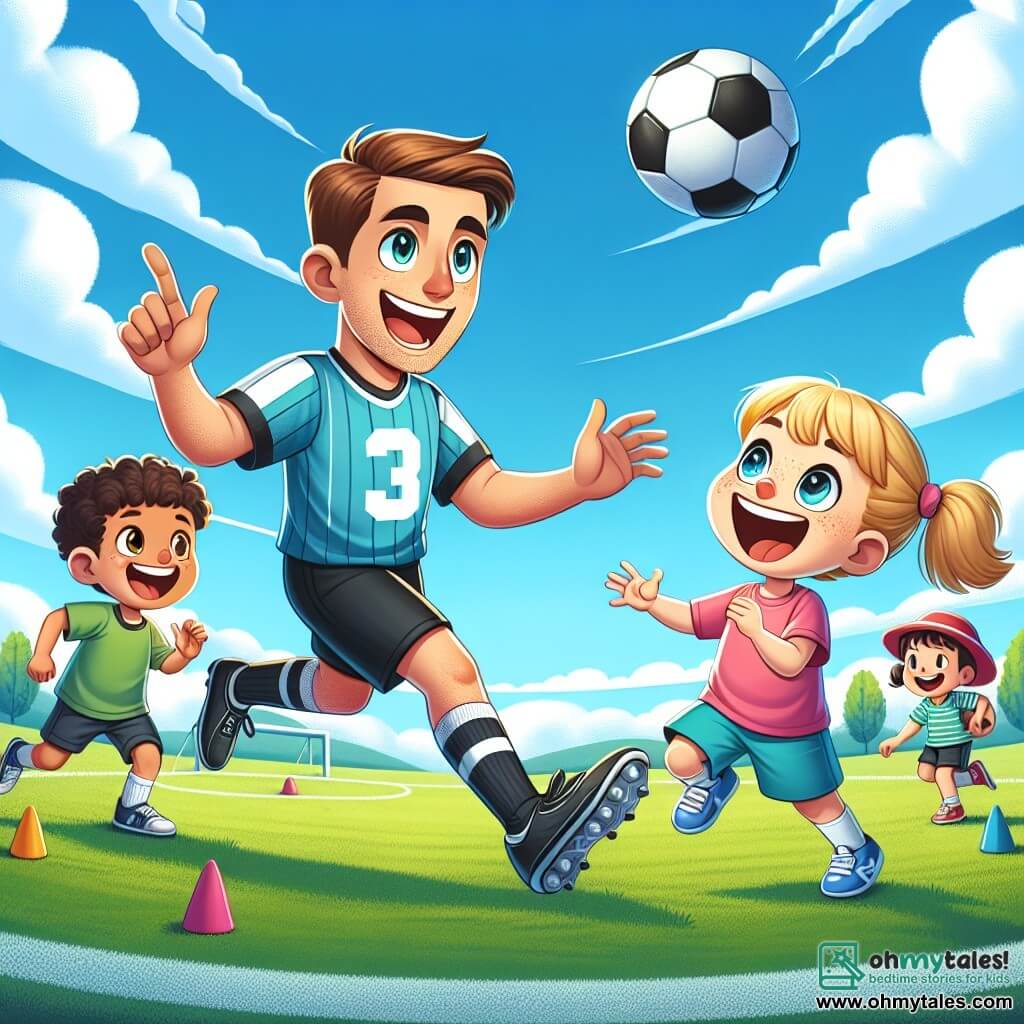 A man named Alex is at the center of the image, smiling enthusiastically. He has short brown hair and is wearing a blue football jersey with a white number, black shorts, and sports shoes. He is showing children how to dribble a football, with a joyful and engaging expression on his face. To his right, a 7-year-old girl named Lily has blonde pigtails and is wearing a pink t-shirt and blue shorts. She is laughing while trying to dribble the ball, her eyes sparkling with excitement. To his left, a 6-year-old boy named Timmy, wearing a red cap and a green t-shirt, is passing the ball to Lily, sporting a big smile. The scene takes place on a vast green football field under a clear blue sky with a few white clouds. Colorful cones are placed on the field, and trees line the area, adding a touch of nature to the environment. The main situation shows Alex teaching the children how to play football, with laughter and encouragement, creating a joyful and friendly atmosphere where learning and fun mix.