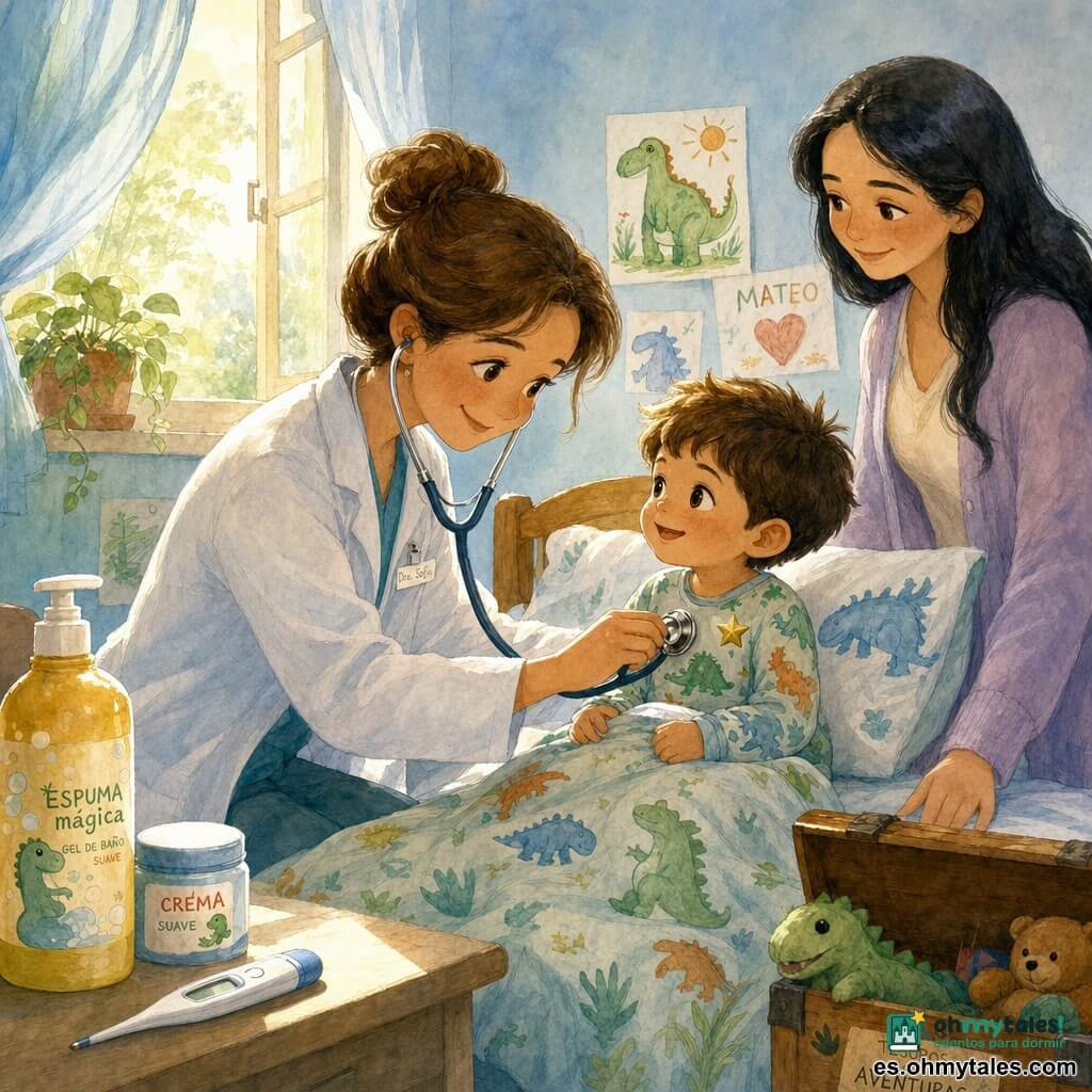 La protagonista es una médica sonriente y dulce, cabello castaño claro recogido en moño, que sostiene un pequeño estetoscopio plateado e inclina la cabeza con benevolencia; Mateo, niño de 4 años con manta de dinosaurios y ojos curiosos, está sentado en la cama en pijama y la mira con confianza; la madre, de pie junto a la cama con cabello largo negro y mano sobre la manta, muestra una expresión tranquilizadora; la habitación luminosa de paredes azul pastel tiene una ventana abierta con cortina ligera, una planta y dibujos infantiles; sobre la mesa hay pequeños objetos de cuidado y un cofre de juguetes al pie de la cama; la escena central muestra a la médica escuchando el corazón del niño con gesto suave, rodilla a la altura de la cama, mientras la madre sonríe, en una ambientación cálida de luz matinal con texturas de acuarela y toques nítidos (estrellita dorada en el pijama).