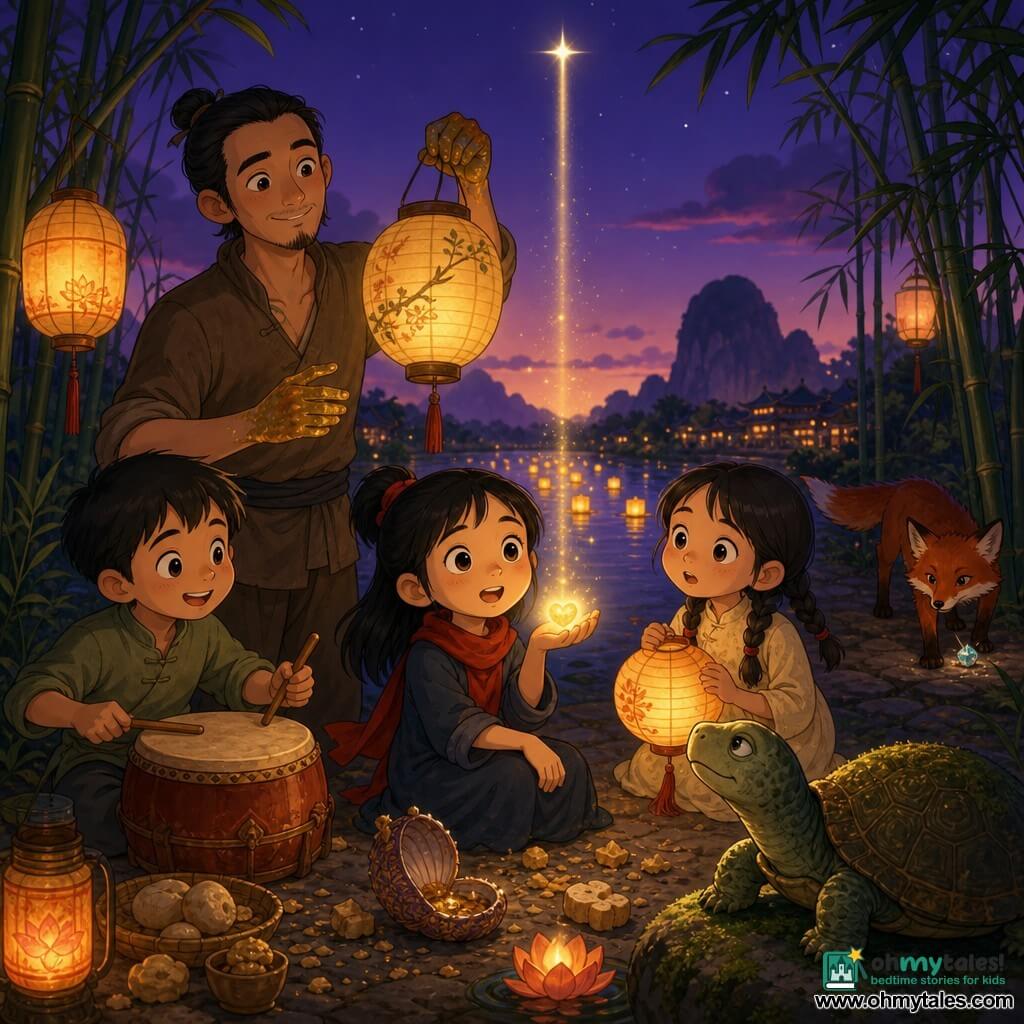 Lan is a small lively young woman with black ponytail and a red scarf, holding a warm yellow glowing sprout in her palm as Minh, a 30-year-old lantern-maker with laquer-stained hands, stands behind her holding a lit lantern with a proud, gentle smile; to her left an eight-year-old boy quietly beats a small drum, to her right a seven-year-old girl in a light dress with braided hair holds a paper lantern, an old wise-eyed turtle rests on a foreground stone and a bright-furred fox slips through bamboo in the background; the scene is a riverbank at twilight with floating lanterns, curved bamboo, mossy stones and a dark violet sky where a star begins to climb, a friendly crowd in a half-circle with warm yellow and orange lights, paper lamps and small offerings around a shell box — a soft, spiritual, joyful moment focused on the luminous seed in Lan’s hand and its beam rising toward the sky.