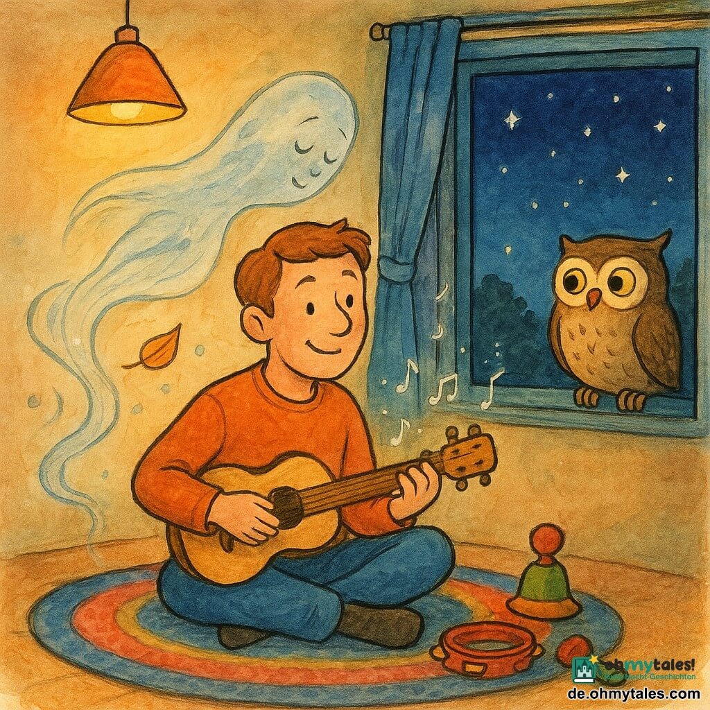 Milo sitzt auf einem runden Teppich, lächelt sanft, hält eine kleine helle Holzgitarre und zupft leise, während ein personifizierter Windhauch als feine durchsichtige Silhouette mit silbernen Konturen mit einem Blatt am Fenster spielt und zuhört; eine runde Eule mit großen Augen sitzt auf der Fensterbank und blickt neugierig zu Milo; das warme intime Zimmer mit gemustertem Teppich, orange-gelbem Lampenlicht, einer Klangglocke und einem Tamburin neben Milo und offenem Fenster zum nächtlichen Garten; Milo sucht ein Lied, um die Sterne zum Leuchten zu bringen — sichtbare Musikblasen schweben durch die Luft, draußen funkeln kleine Sterne, zarte Stimmung in Pastellfarben und dunklen Tinten-Kontrasten.