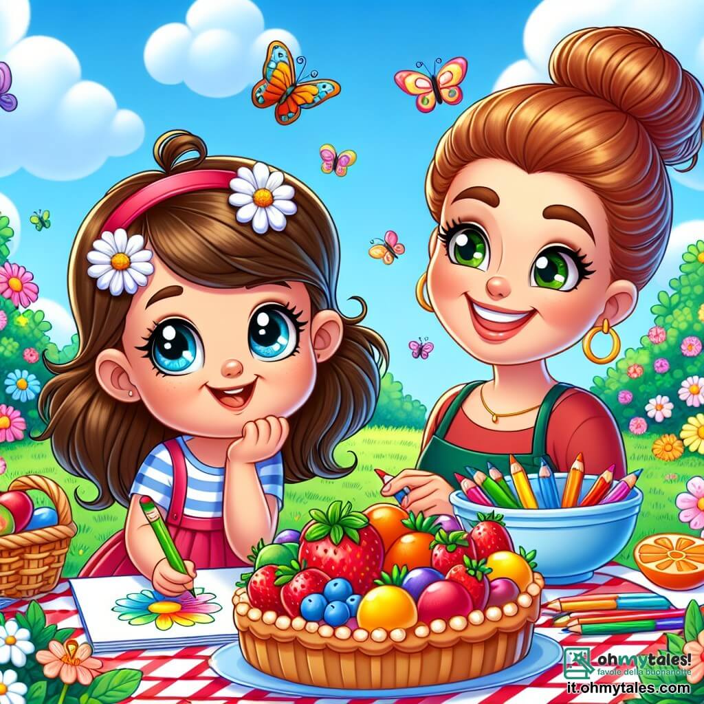 Una bambina di 4 anni, Sofia, con lunghi capelli castani e occhi brillanti di gioia, è seduta sull'erba verde del giardino, con un grande sorriso sul volto. Tiene dei pastelli nelle mani e guarda con meraviglia un disegno di fiori che ha appena realizzato. Accanto a lei, sua madre, una donna sorridente di circa 30 anni con capelli castani raccolti in uno chignon, prepara un grande piatto di frutta colorata su una tovaglia a quadri rossi e bianchi. Il giardino è pieno di fiori vivaci di tutti i colori, con farfalle che volano intorno e un cielo azzurro chiaro punteggiato di nuvole bianche e soffici. Sofia è impaziente di iniziare a disegnare e di preparare la deliziosa torta di frutta per il picnic.