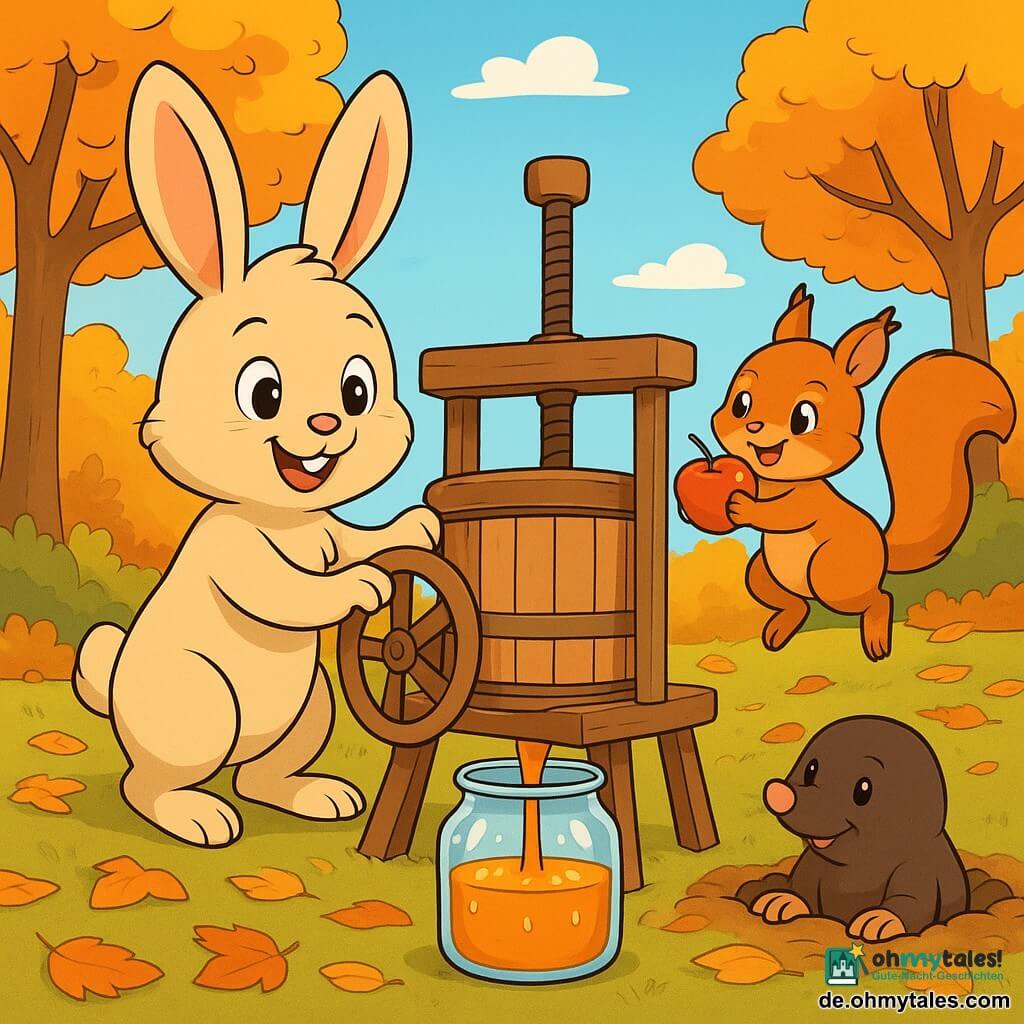 Ein junger Hase namens Linus mit weichem, seidigem beige-farbenem Fell, großen aufrechten Ohren und neugierigen Augen steht vor einer großen Holzapfelpresse. Er lächelt begeistert, seine kleinen Pfoten auf dem Rad der Presse, bereit zu drehen. Neben ihm springt ein kleines Eichhörnchen namens Mira mit glänzendem rotem Fell und buschigem Schwanz vor Freude, ihre Augen strahlen vor Aufregung, während sie einen glänzenden roten Apfel in ihren Pfoten hält. Ein Maulwurf namens Hugo mit dunkelbraunem Fell und einer kleinen rosa Nase schaut neugierig aus einem Loch im Boden, seine kleinen Pfoten auf dem Rand. Die Szene spielt in einem herbstlichen Park mit goldenen und orangefarbenen Blättern, der Boden ist mit knusprigen Blättern bedeckt und der Himmel ist hellblau mit weißen Wolken. Die Atmosphäre ist fröhlich und dynamisch, während Linus und seine Freunde Äpfel pressen, aus denen glitzernde Safttropfen in ein großes Glasgefäß fallen.