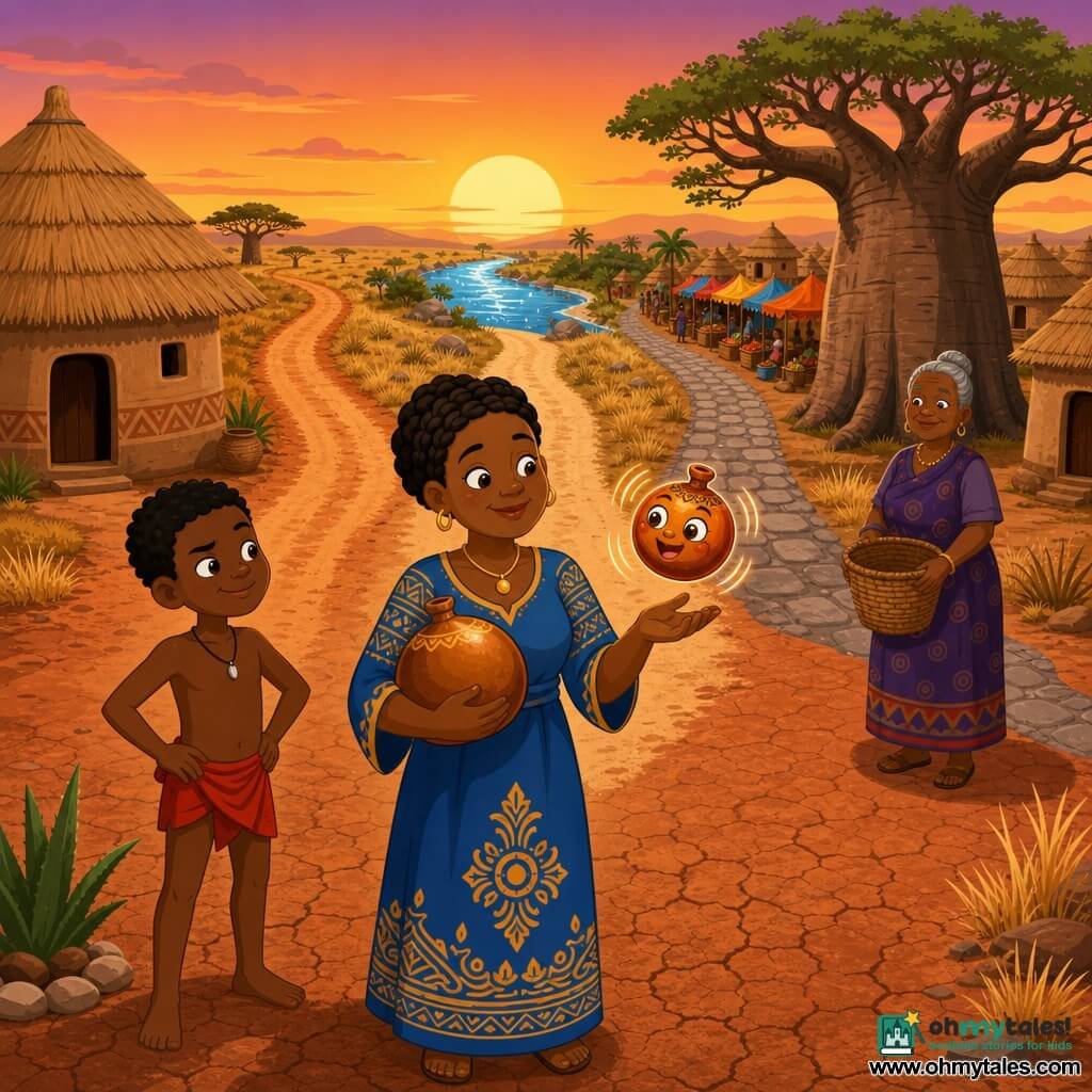 Nala, an adult woman with a round face, braided crown hair and a blue dress with gold patterns, looks curious and serene while holding a shiny round gourd to her chest; the magical gourd is small, copper-orange with painted eyes and a smiling mouth, vibrating and floating above her right hand. A mischievous ten-year-old boy with dark skin in a red loincloth stands to her left with hands on hips watching the gourd, and an elderly woman of about 60 with gray hair in a bun and a wicker basket stands by a baobab in the background, kindly watching. The village courtyard has cracked red earth, beige mud round houses with thatched roofs, a large baobab on the right, patches of yellow dry grass and a wide sunset sky. Nala stands before three paths fanning out: a dusty trail to the savanna, a sandy path to a shining river, and a paved road to a busy market; warm colors, strong contrasts and simple readable shapes suitable for children.