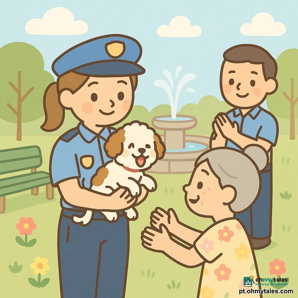 Policial mulher sorridente e afetuosa, cabelo castanho-claro em rabo de cavalo, uniforme azul-claro com distintivo redondo, segura nos braços o cão pequeno Max, branco com manchas marrons, alegre; uma mulher idosa de cerca de 60 anos, cabelo grisalho preso em coque e vestido florido em tons pastéis, estende as mãos aliviada em frente à policial junto à fonte; outro policial homem de ~35 anos, traje similar sem distintivo brilhante, sorri e aplaude levemente atrás à direita; cenário num parque luminoso com grande fonte redonda de pedra, banco verde, relva, árvores e flores, céu azul com nuvens suaves; cena de reencontro calma e alegre, expressões ternas e gestos suaves; estilo com traços simples, contornos arredondados e paleta pastel (azul-claro, verde-tender, rosa-pálido, bege), luz suave, composição clara para criança de 4 anos.