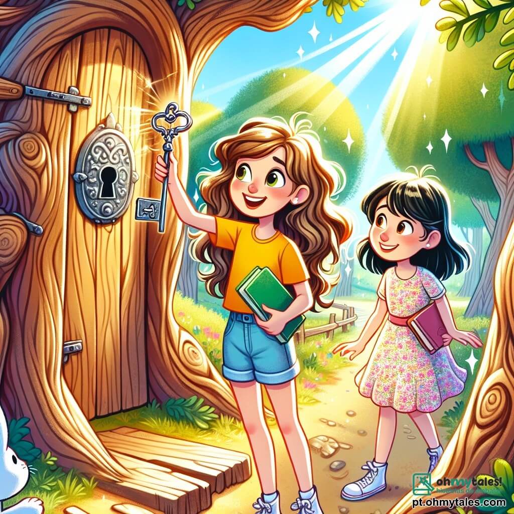 Uma menina de 12 anos, Clara, com cabelos castanhos e cacheados, e olhos brilhantes de curiosidade, está diante de um velho cruzamento de madeira, seu rosto iluminado pela excitação. Ela usa uma camiseta amarela e um short jeans, segurando um caderno em uma mão e uma pequena chave de ferro na outra, pronta para descobrir um tesouro escondido. Ao seu lado, Inês, outra menina de 12 anos, com cabelos negros e lisos, vestindo um vestido florido, sorri entusiasticamente, admirando o cruzamento. Elas estão em uma clareira ensolarada, cercada por grandes árvores, onde raios de luz filtram pelas folhas, criando padrões brilhantes no chão. Clara e Inês estão prontas para abrir uma porta secreta em um velho carvalho, com um ar determinado e corações batendo de excitação, enquanto um coelho branco as observa de perto, acrescentando um toque de magia à aventura.